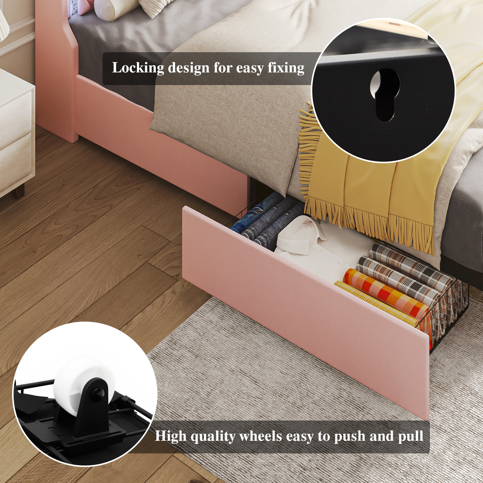 ANPOO LED Queen Bed Frame with Power Outlet & 2 Drawers, Upholstered PU Leather Platform Bed with Diamond Tufted Storage Headboard&Footboard, No Box Spring Needed, Noise Free, Pink