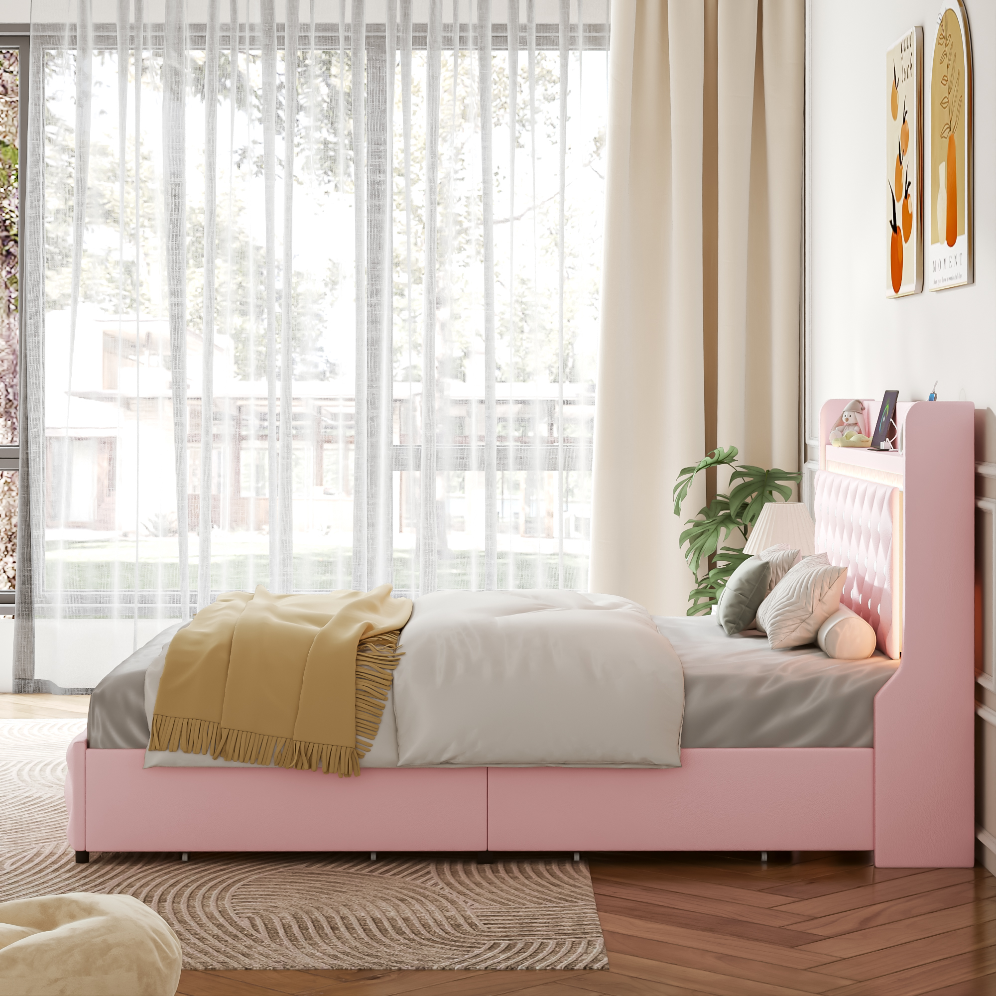 ANPOO LED Queen Bed Frame with Power Outlet & 2 Drawers, Upholstered PU Leather Platform Bed with Diamond Tufted Storage Headboard&Footboard, No Box Spring Needed, Noise Free, Pink