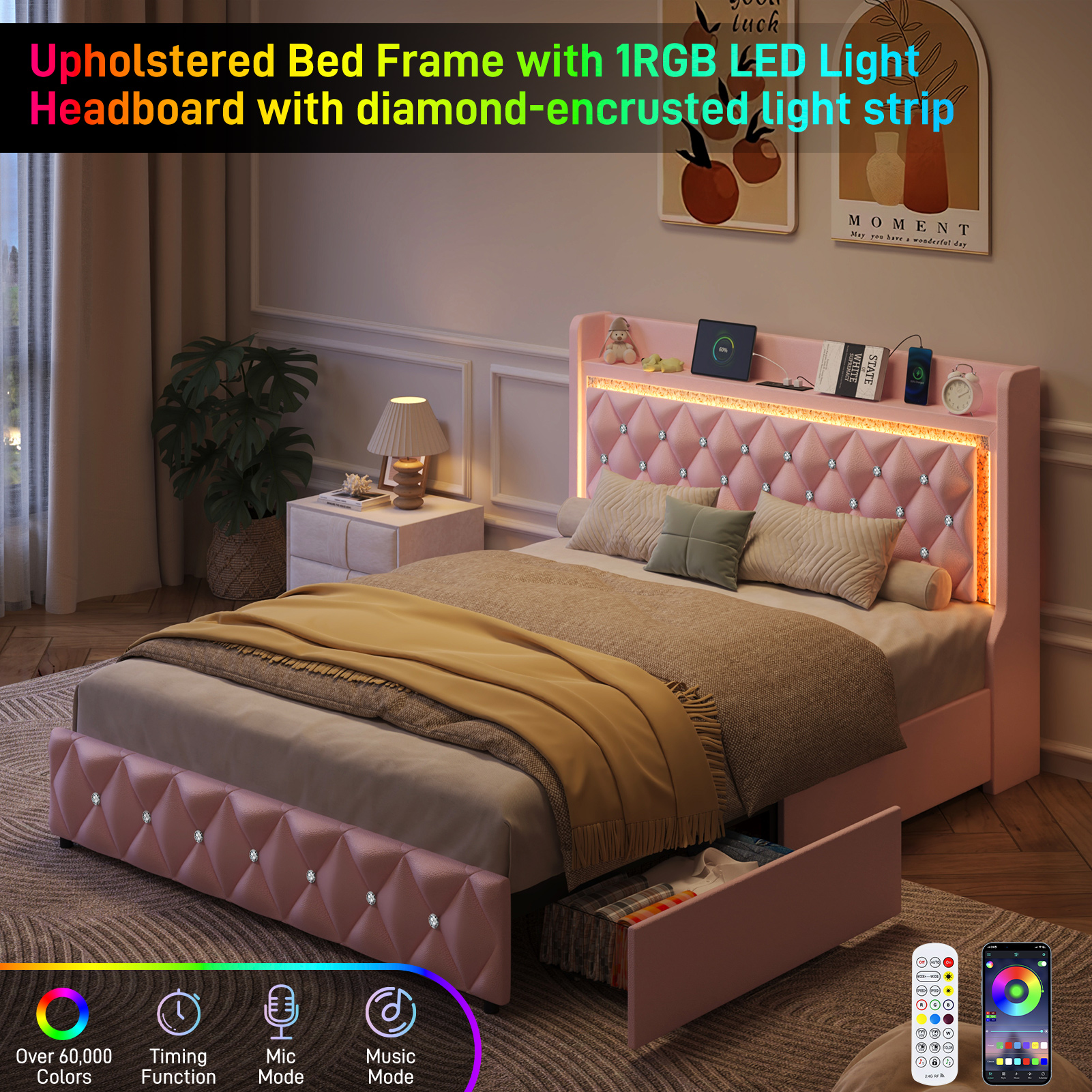 ANPOO LED Queen Bed Frame with Power Outlet & 2 Drawers, Upholstered PU Leather Platform Bed with Diamond Tufted Storage Headboard&Footboard, No Box Spring Needed, Noise Free, Pink