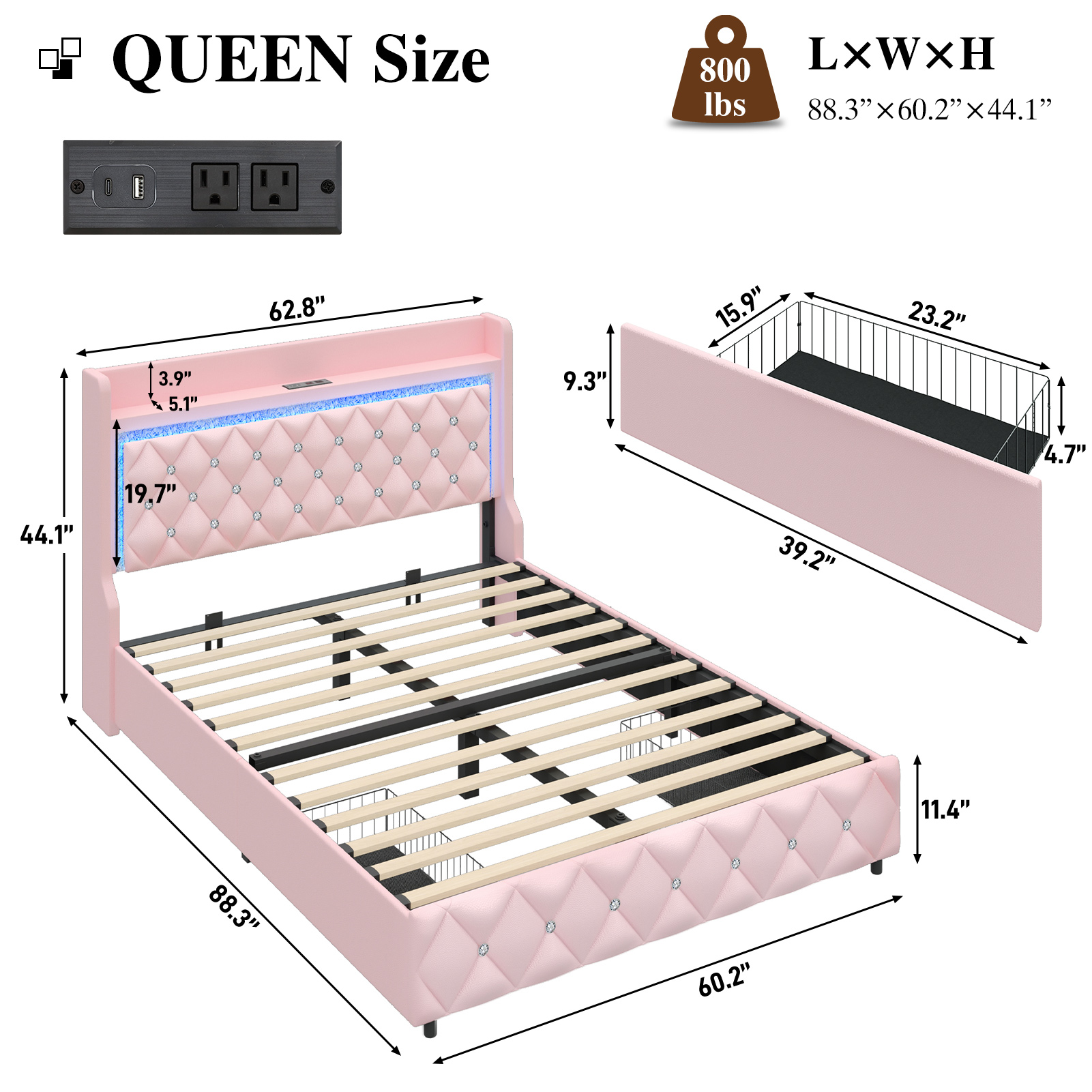 ANPOO LED Queen Bed Frame with Power Outlet & 2 Drawers, Upholstered PU Leather Platform Bed with Diamond Tufted Storage Headboard&Footboard, No Box Spring Needed, Noise Free, Pink