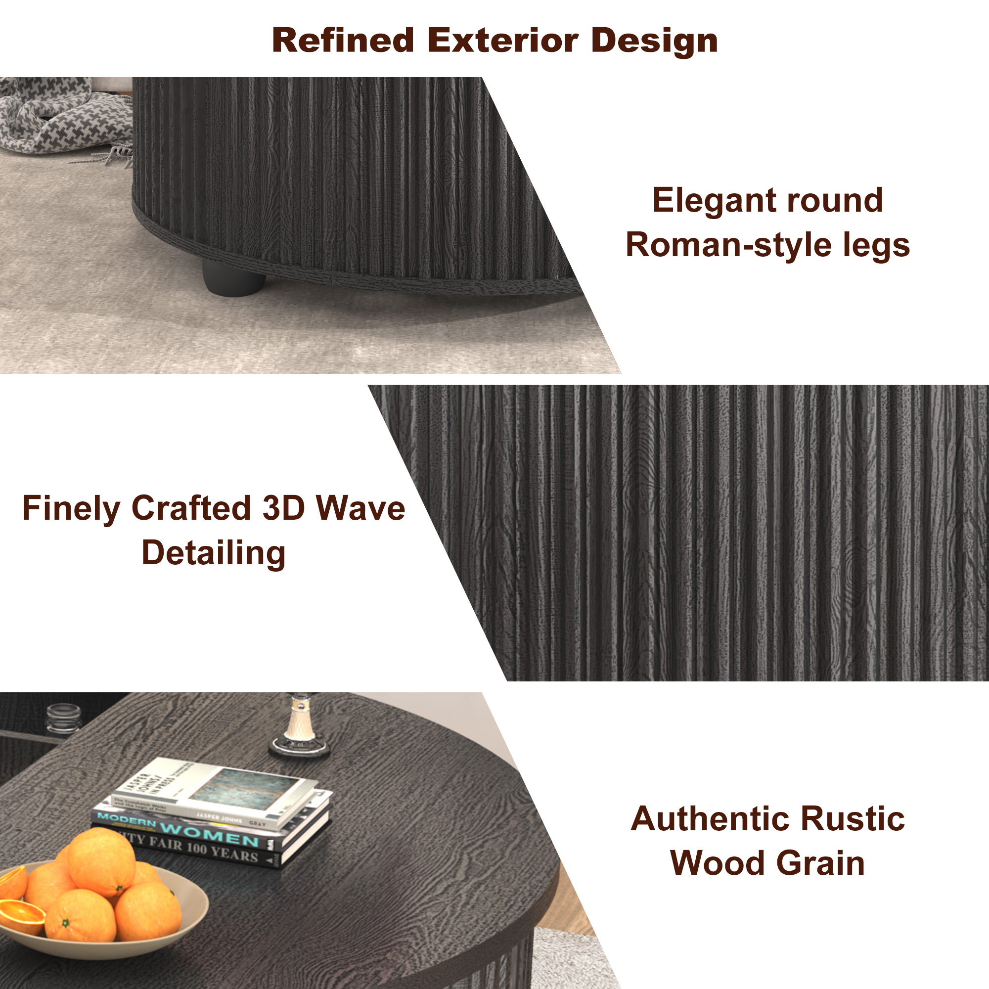 ANPOO Round Lift Top Coffee Table with Storage, 34.6" Fluted Center Table for Living Room, Modern Circle Drum Table, Mid Century Furniture for Small Space