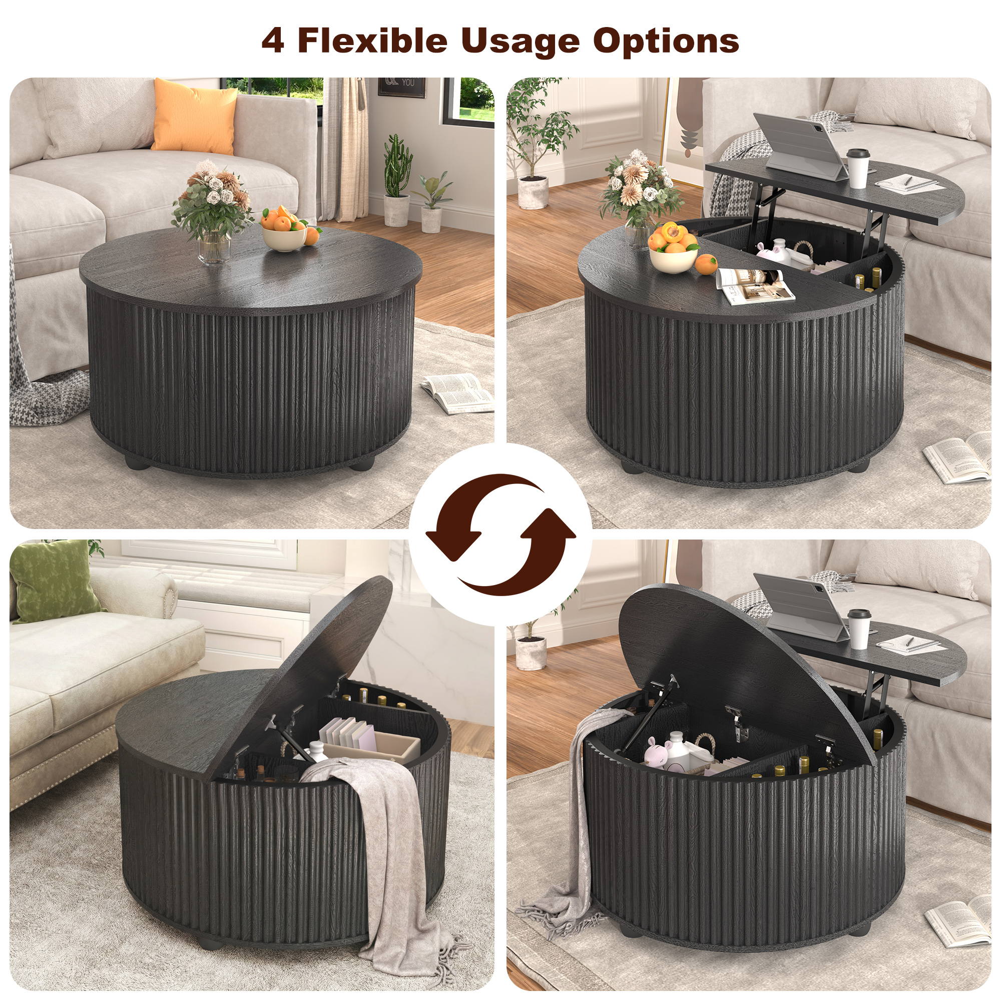 ANPOO Round Lift Top Coffee Table with Storage, 34.6" Fluted Center Table for Living Room, Modern Circle Drum Table, Mid Century Furniture for Small Space
