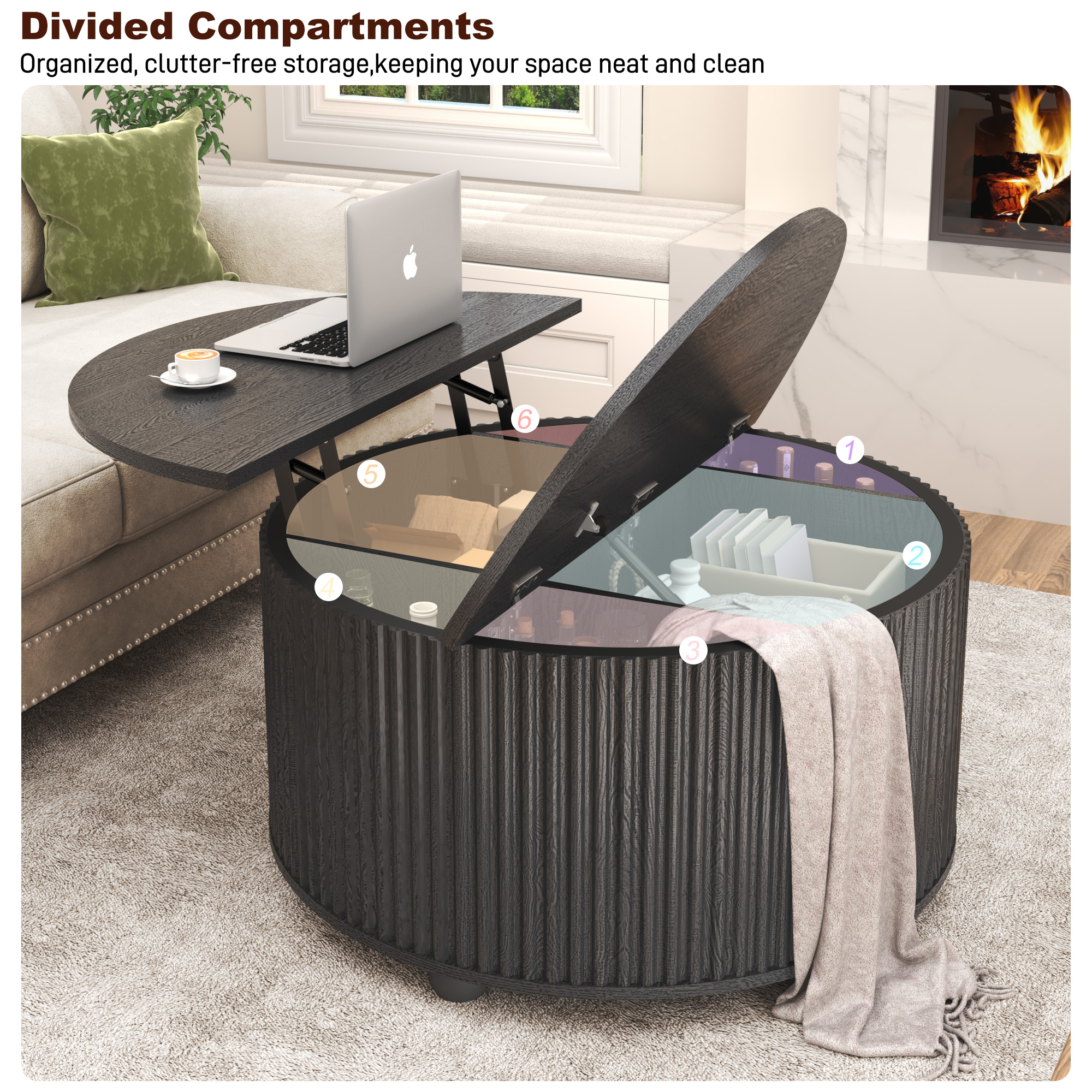 ANPOO Round Lift Top Coffee Table with Storage, 34.6" Fluted Center Table for Living Room, Modern Circle Drum Table, Mid Century Furniture for Small Space