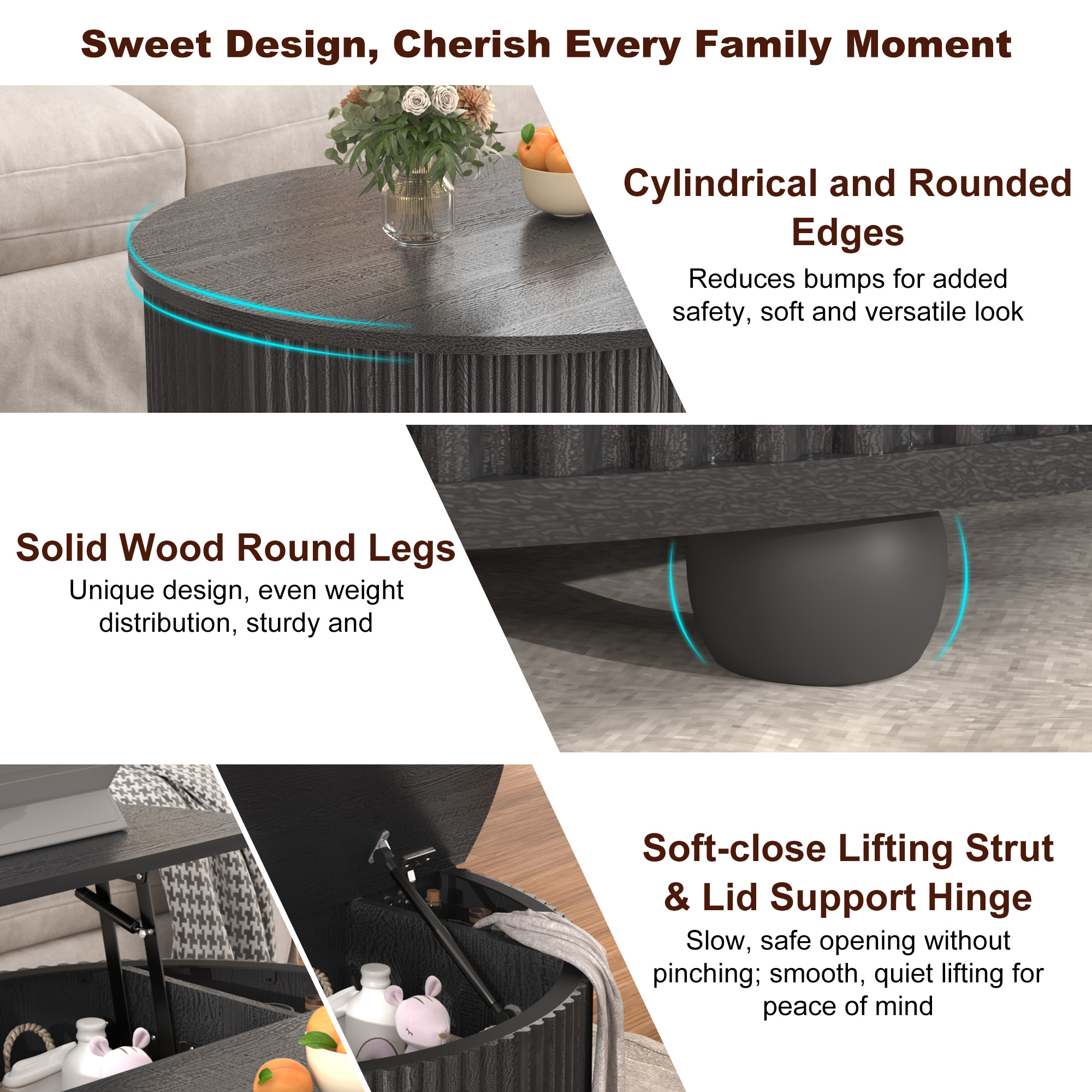 ANPOO Round Lift Top Coffee Table with Storage, 34.6" Fluted Center Table for Living Room, Modern Circle Drum Table, Mid Century Furniture for Small Space