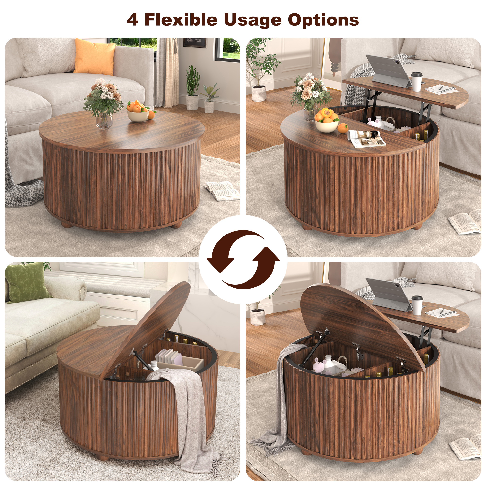 ANPOO Round Lift Top Coffee Table with Storage, 34.6" Fluted Center Table for Living Room, Modern Circle Drum Table, Mid Century Furniture for Small Space