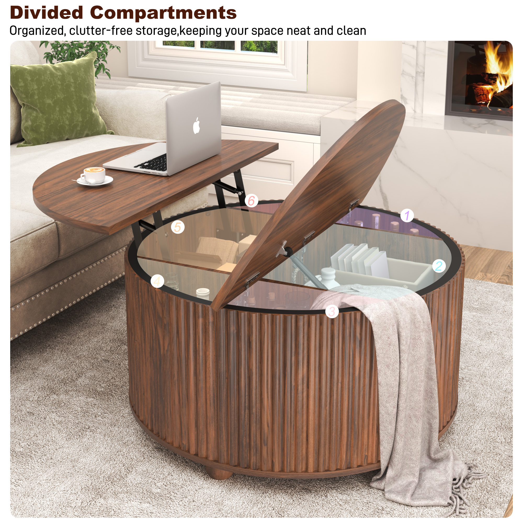 ANPOO Round Lift Top Coffee Table with Storage, 34.6" Fluted Center Table for Living Room, Modern Circle Drum Table, Mid Century Furniture for Small Space