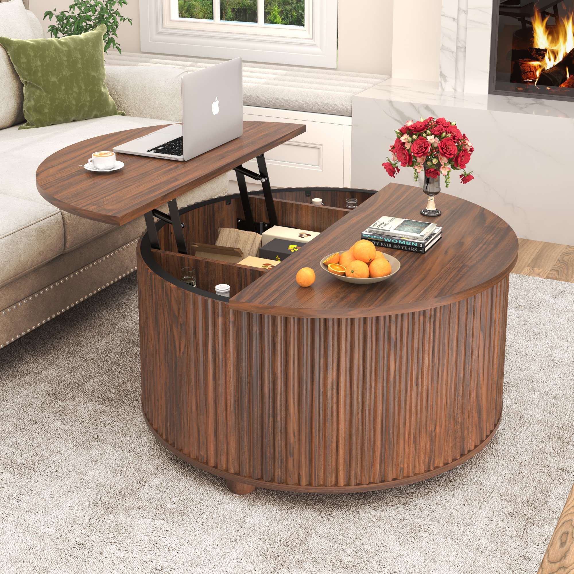 ANPOO Round Lift Top Coffee Table with Storage, 34.6" Fluted Center Table for Living Room, Modern Circle Drum Table, Mid Century Furniture for Small Space