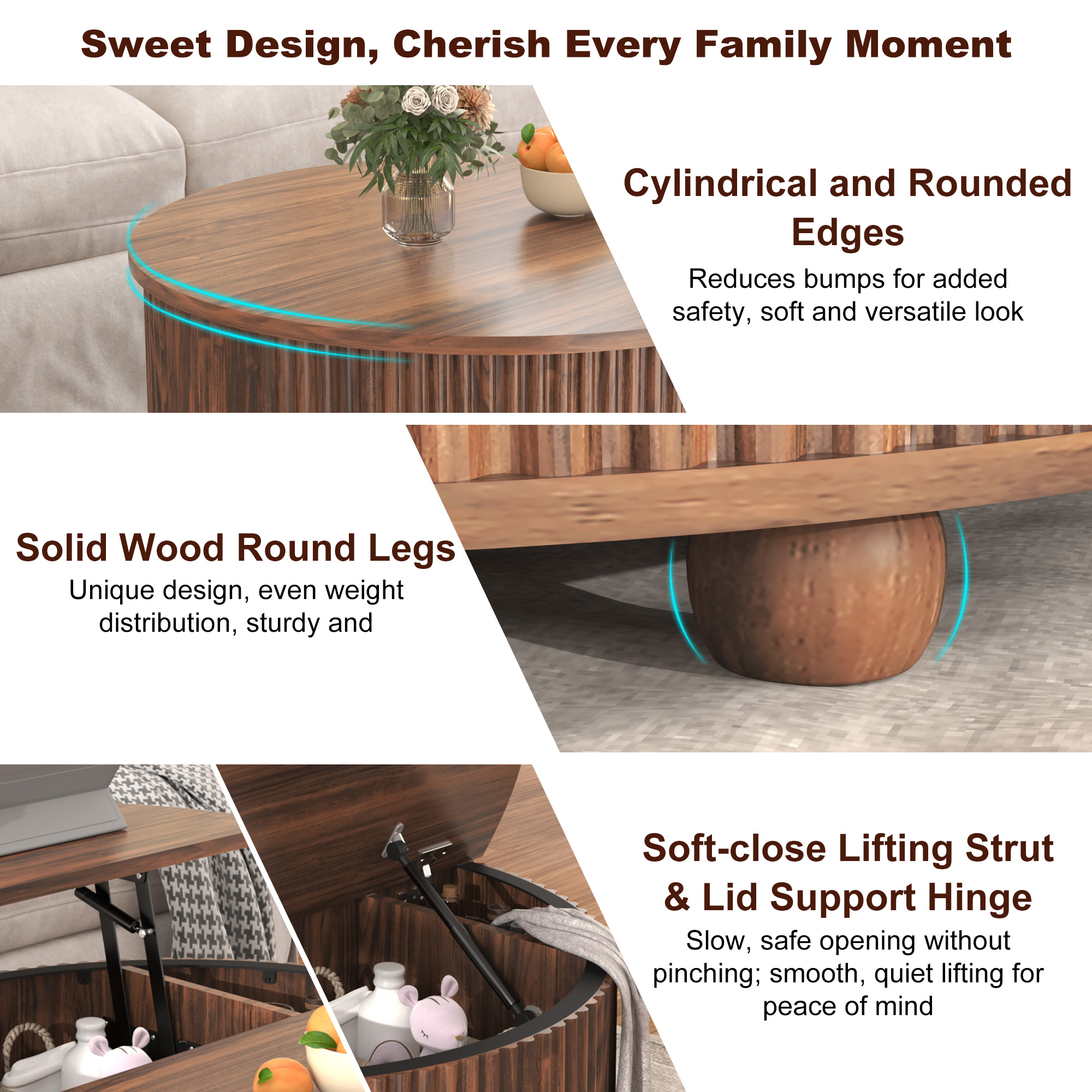 ANPOO Round Lift Top Coffee Table with Storage, 34.6" Fluted Center Table for Living Room, Modern Circle Drum Table, Mid Century Furniture for Small Space