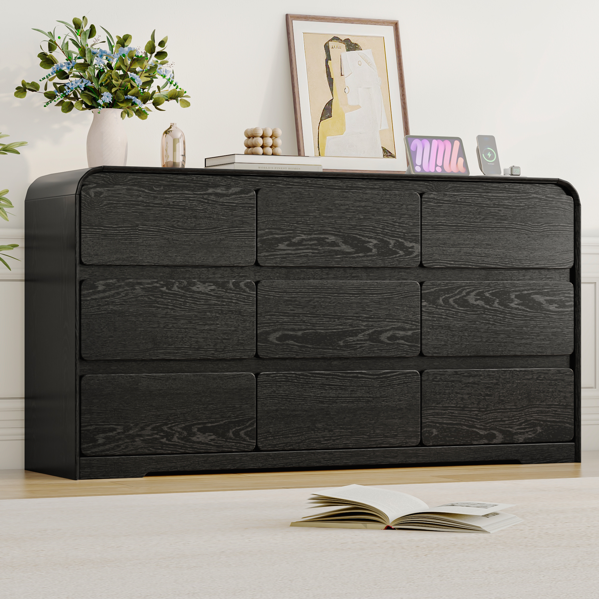 ANPOO 9 Drawers Dresser for Bedroom, 63"W Dressers & Chest of Drawers w/Power Outlet, Curved Design, Wood Mid Century Storage Cabinet, Natural Texture, for Bedroom, Hallway