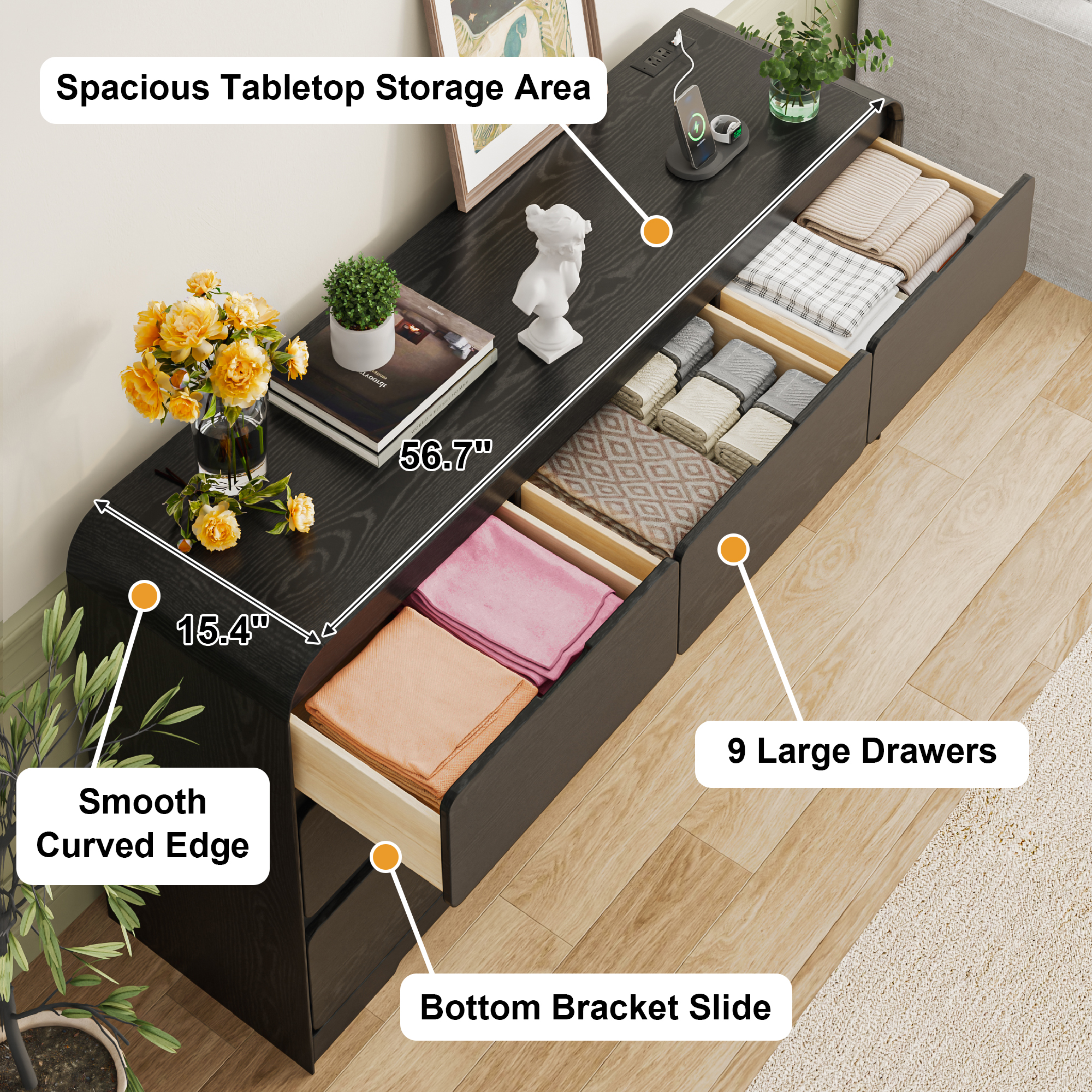 ANPOO 9 Drawers Dresser for Bedroom, 63"W Dressers & Chest of Drawers w/Power Outlet, Curved Design, Wood Mid Century Storage Cabinet, Natural Texture, for Bedroom, Hallway