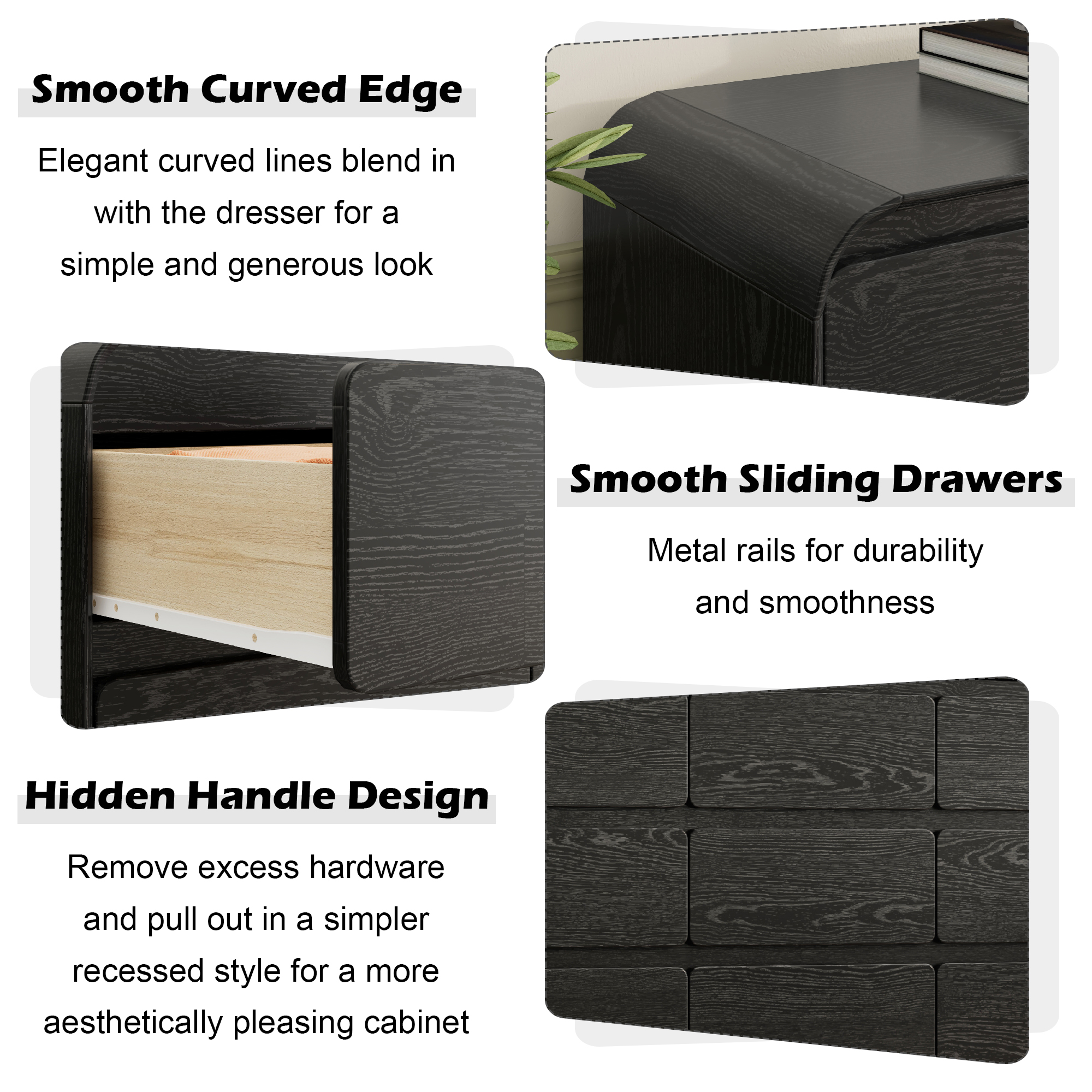 ANPOO 9 Drawers Dresser for Bedroom, 63"W Dressers & Chest of Drawers w/Power Outlet, Curved Design, Wood Mid Century Storage Cabinet, Natural Texture, for Bedroom, Hallway