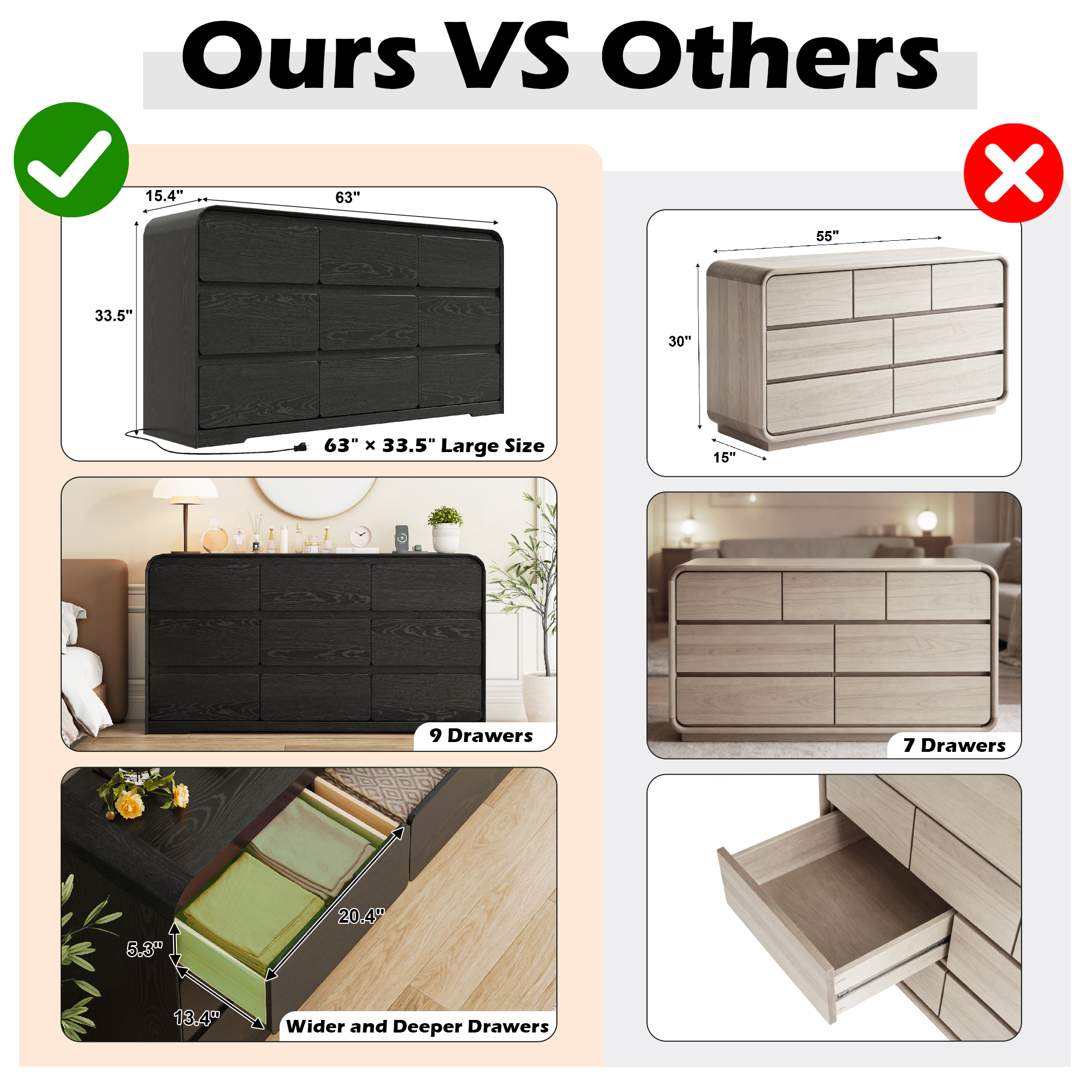 ANPOO 9 Drawers Dresser for Bedroom, 63"W Dressers & Chest of Drawers w/Power Outlet, Curved Design, Wood Mid Century Storage Cabinet, Natural Texture, for Bedroom, Hallway