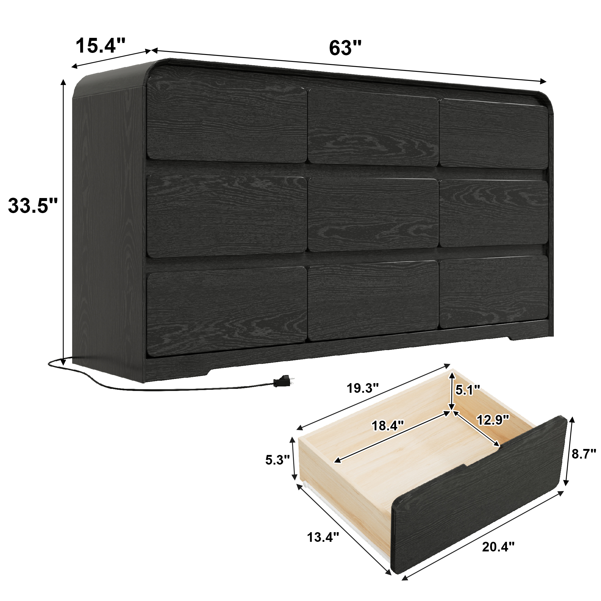 ANPOO 9 Drawers Dresser for Bedroom, 63"W Dressers & Chest of Drawers w/Power Outlet, Curved Design, Wood Mid Century Storage Cabinet, Natural Texture, for Bedroom, Hallway