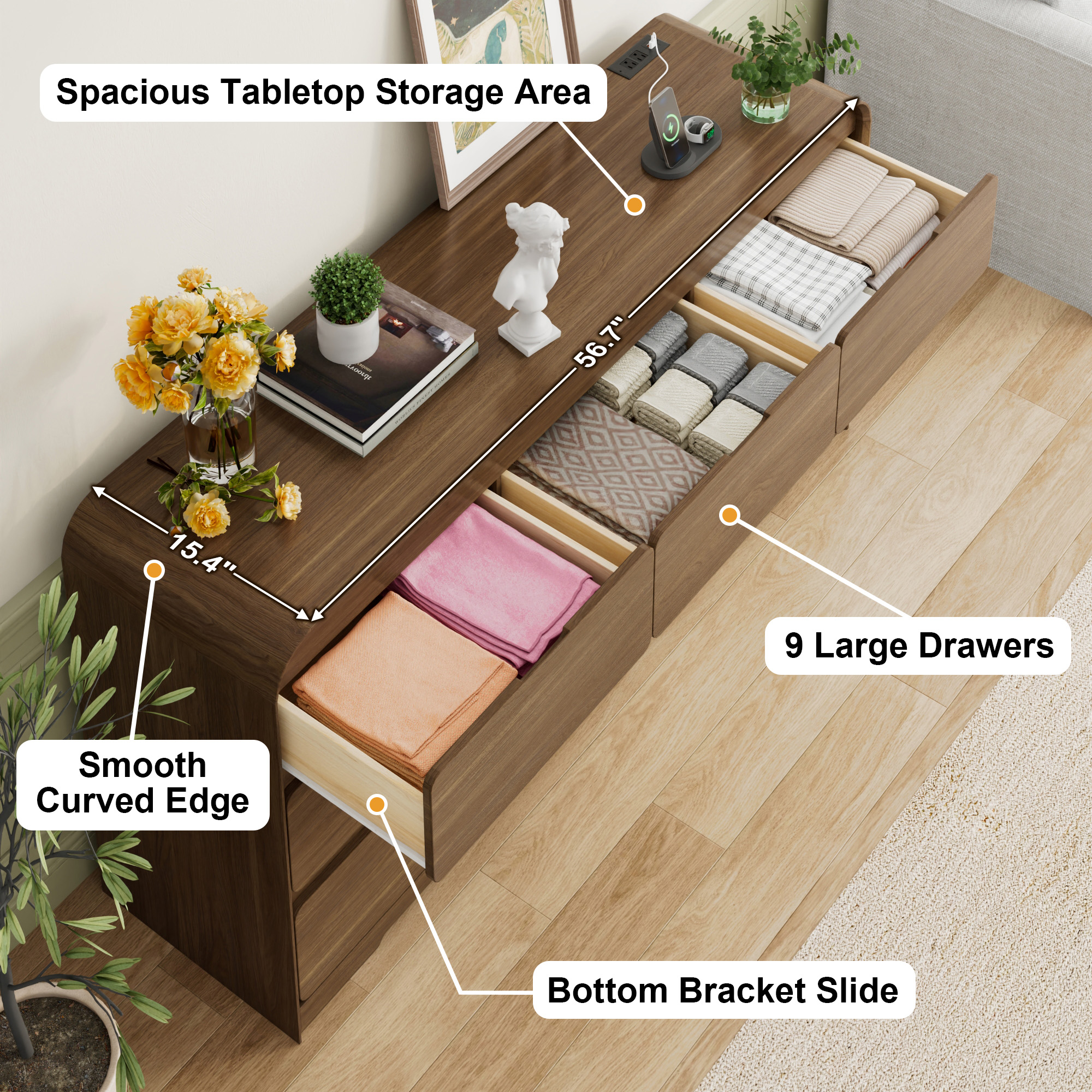 ANPOO 9 Drawers Dresser for Bedroom, 63"W Dressers & Chest of Drawers w/Power Outlet, Curved Design, Wood Mid Century Storage Cabinet, Natural Texture, for Bedroom, Hallway