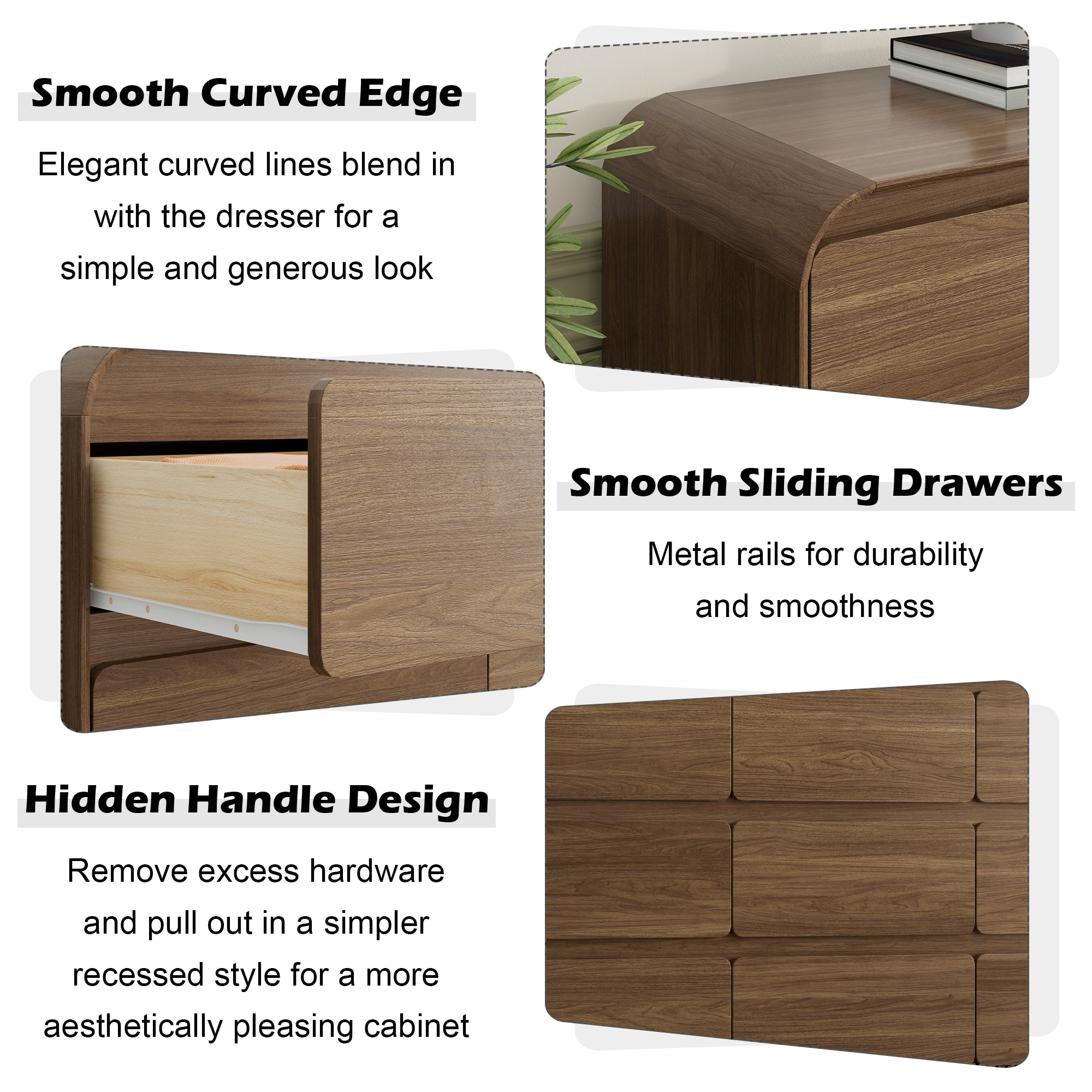 ANPOO 9 Drawers Dresser for Bedroom, 63"W Dressers & Chest of Drawers w/Power Outlet, Curved Design, Wood Mid Century Storage Cabinet, Natural Texture, for Bedroom, Hallway