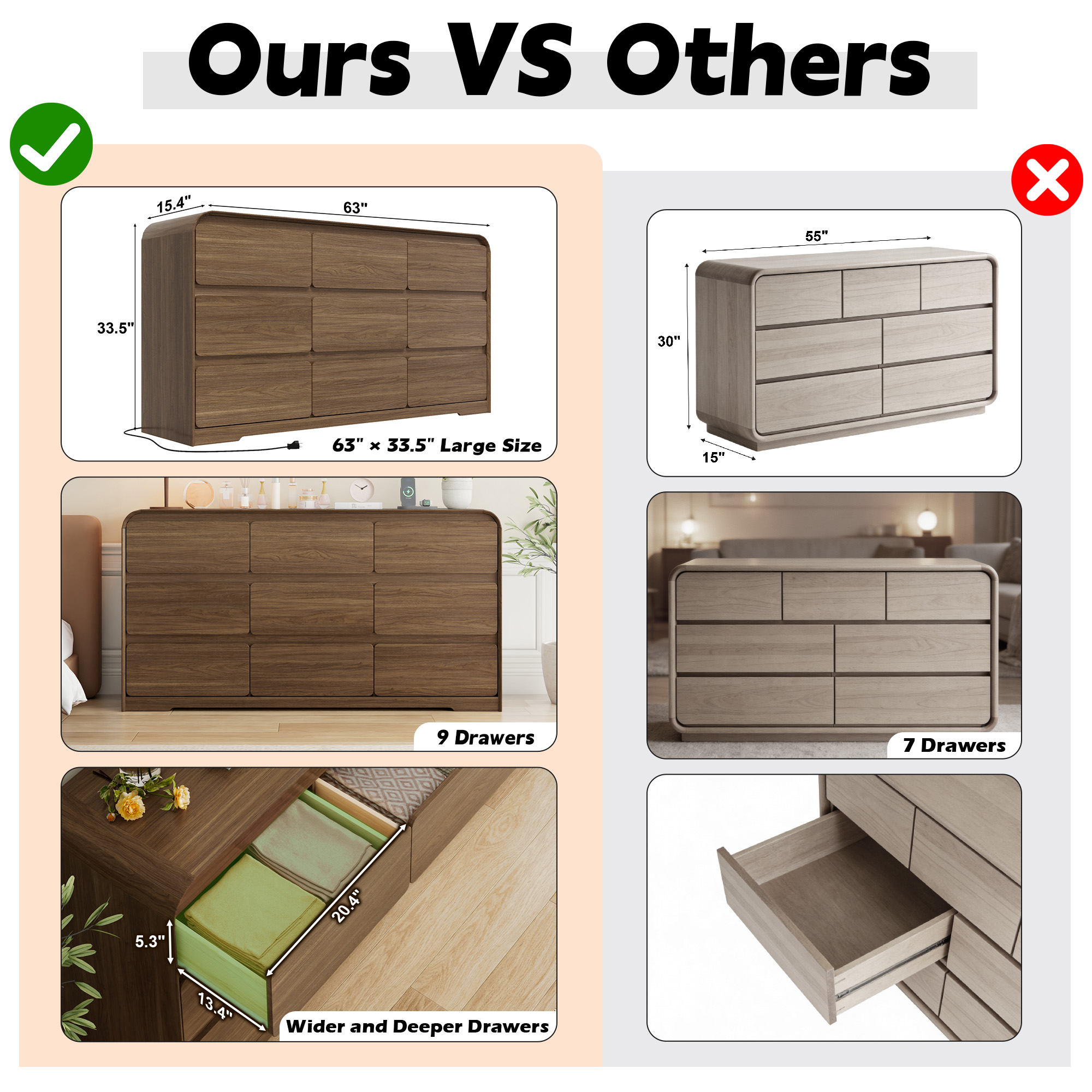 ANPOO 9 Drawers Dresser for Bedroom, 63"W Dressers & Chest of Drawers w/Power Outlet, Curved Design, Wood Mid Century Storage Cabinet, Natural Texture, for Bedroom, Hallway