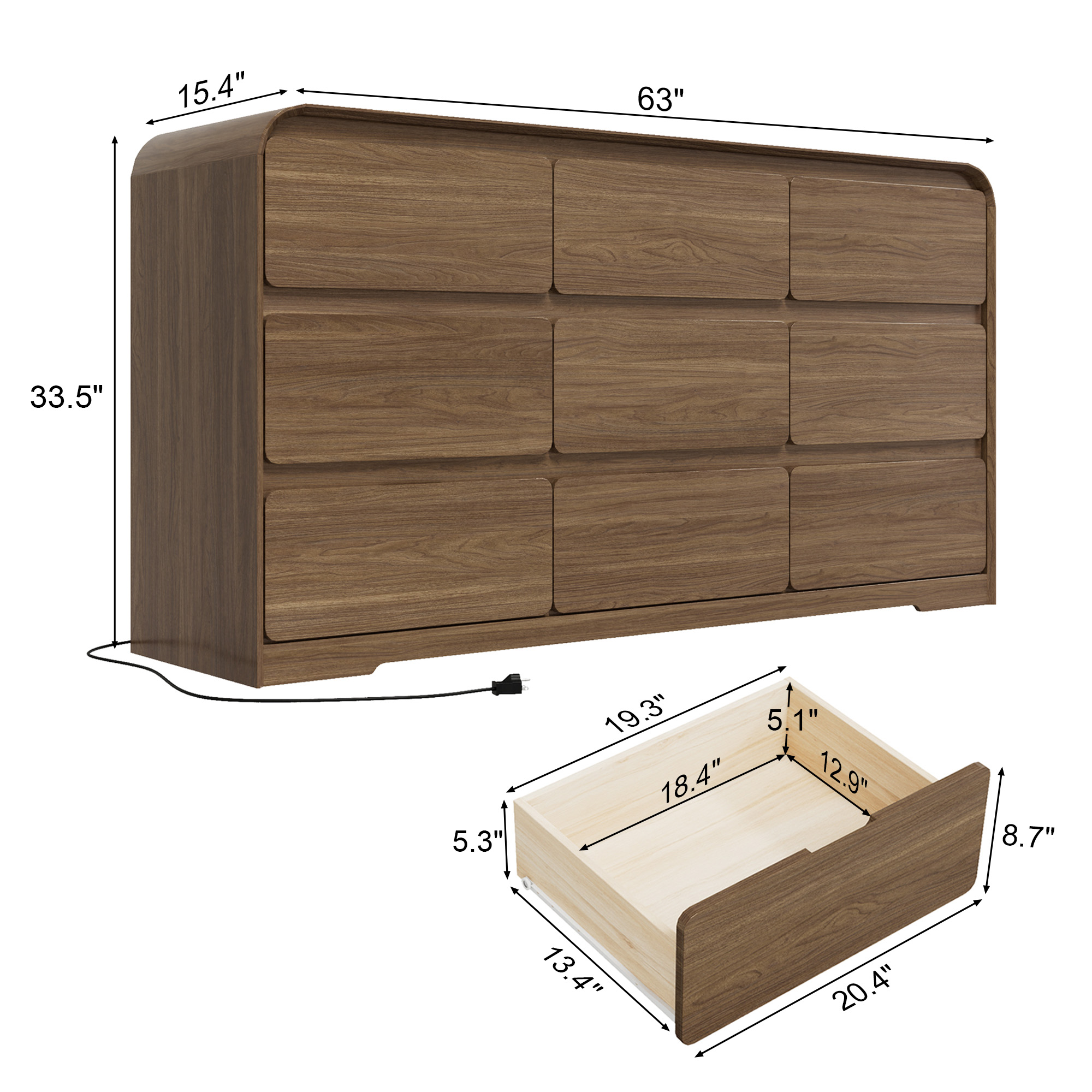 ANPOO 9 Drawers Dresser for Bedroom, 63"W Dressers & Chest of Drawers w/Power Outlet, Curved Design, Wood Mid Century Storage Cabinet, Natural Texture, for Bedroom, Hallway