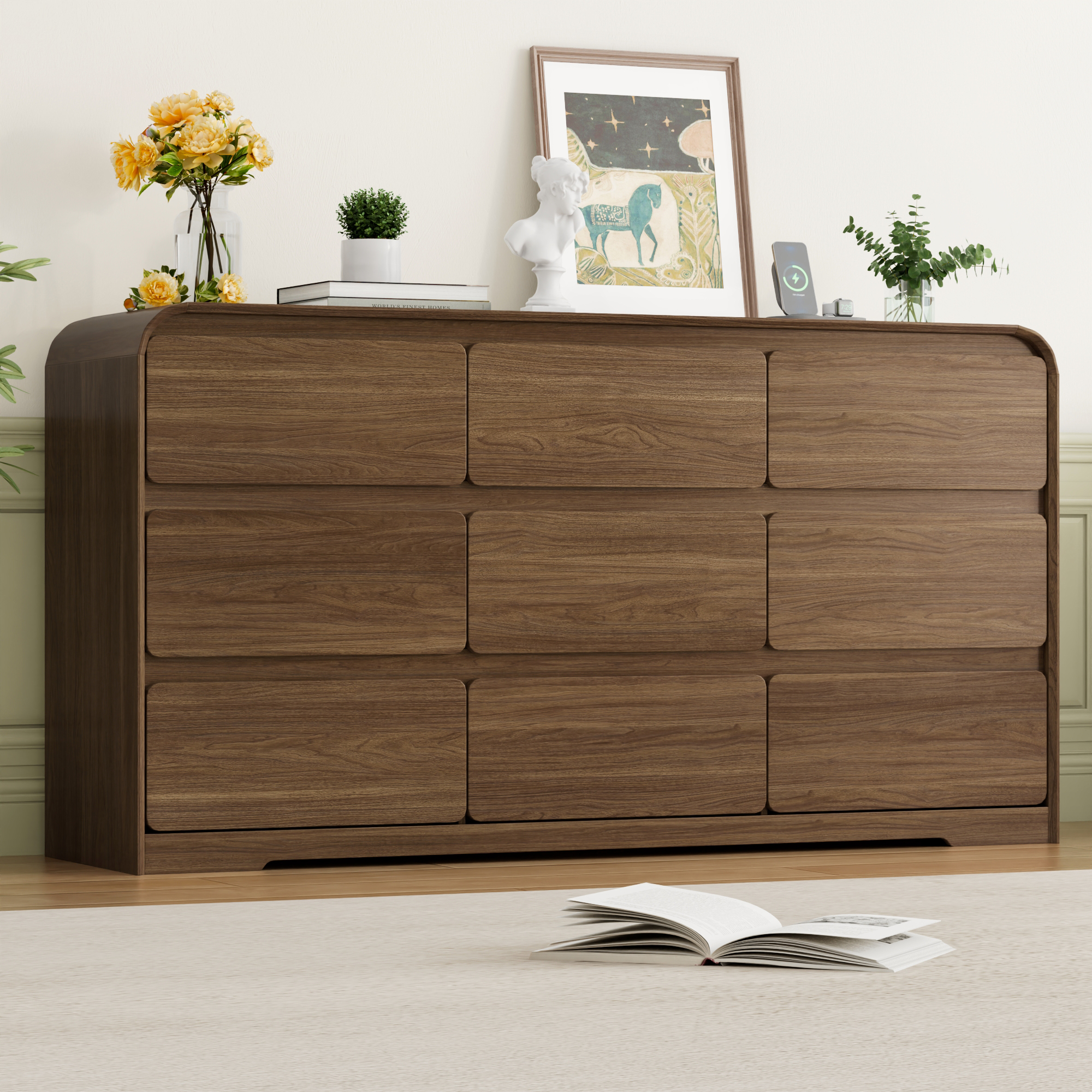 ANPOO 9 Drawers Dresser for Bedroom, 63"W Dressers & Chest of Drawers w/Power Outlet, Curved Design, Wood Mid Century Storage Cabinet, Natural Texture, for Bedroom, Hallway