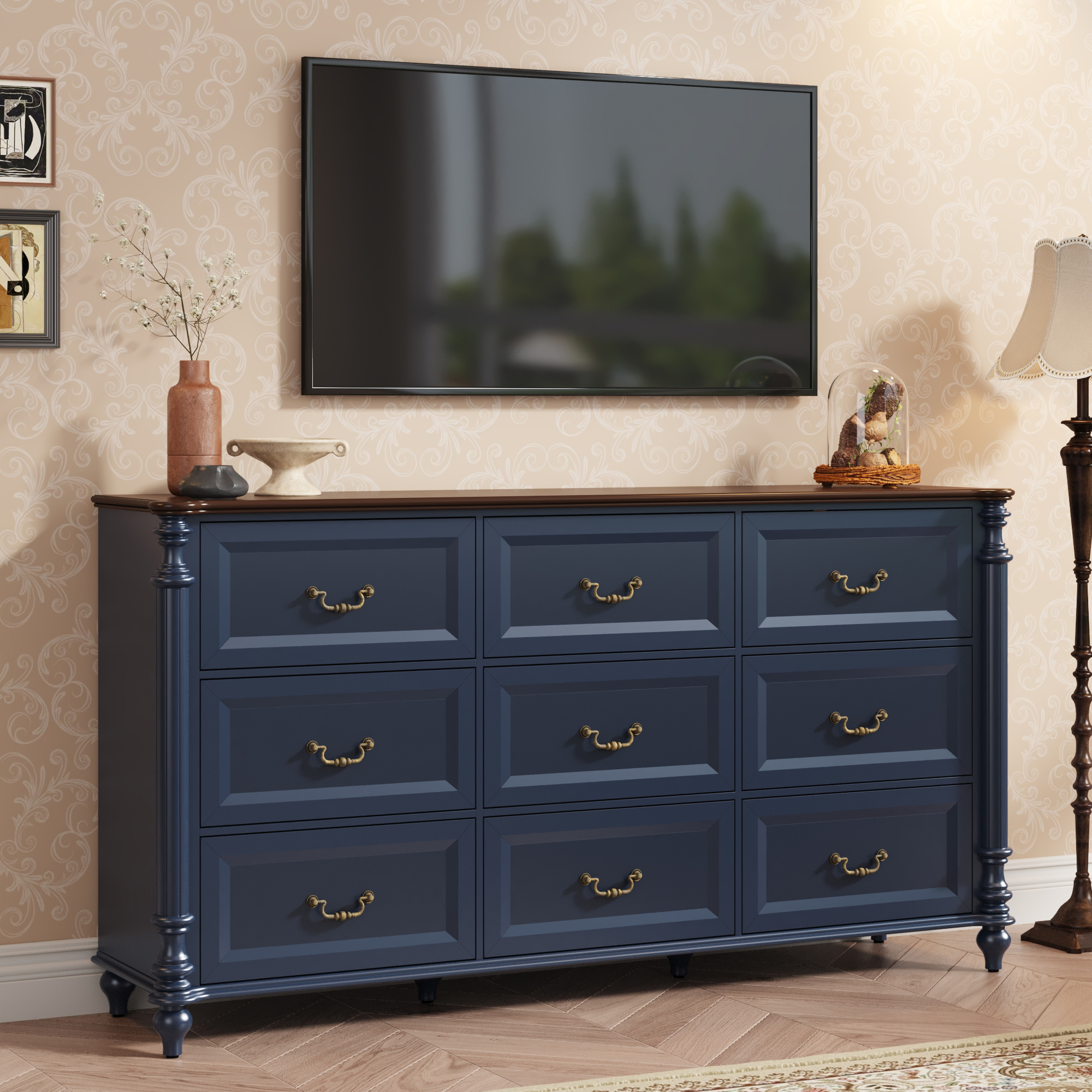 ANPOO Farmhouse 9 Drawers Dresser for Bedroom, Vintage 63" Wide Chest of Drawers w/ 4 Wooden Legs, Rustic Large Closet Storage Dressers Organizer for Hallway, Wood TV Stand for Living Room