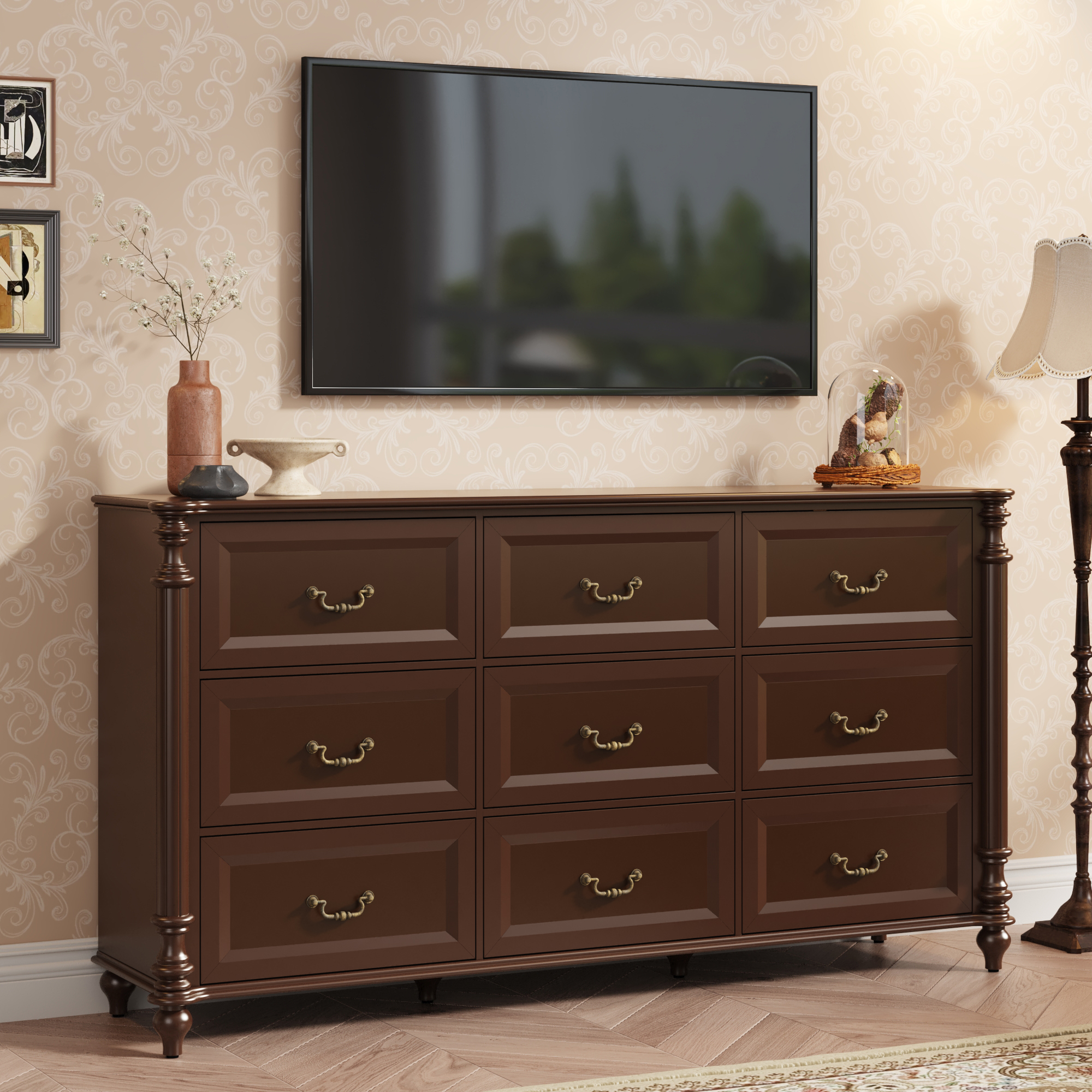 ANPOO Farmhouse 9 Drawers Dresser for Bedroom, Vintage 63" Wide Chest of Drawers w/ 4 Wooden Legs, Rustic Large Closet Storage Dressers Organizer for Hallway, Wood TV Stand for Living Room