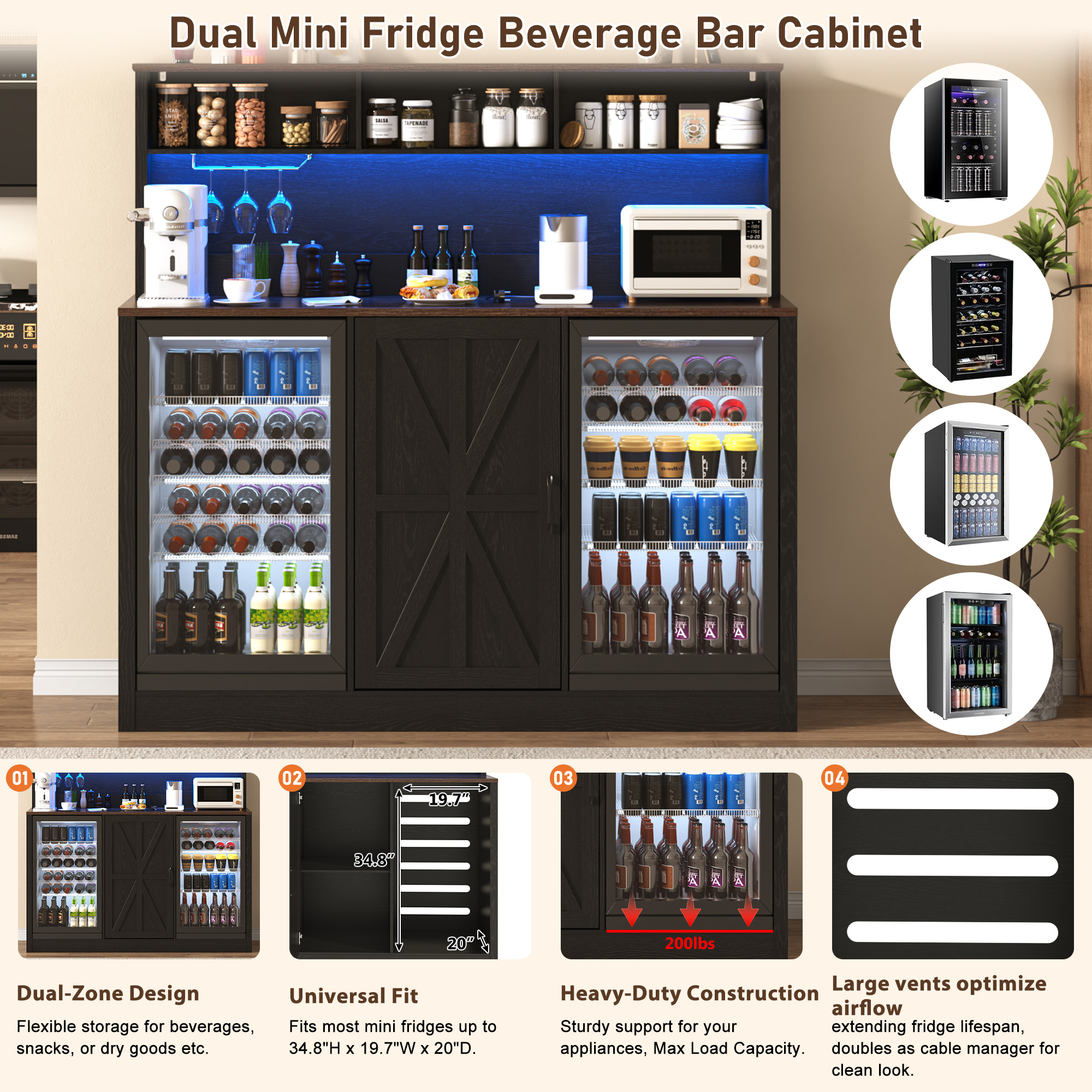 ANPOO 63"W Farmhouse Bar Cabinet w/ 2 Fridge Space, 58"H Coffee Bar Cabinet w/ Power Outlet, LED Light & Adjustable Shelves, Wine Bar Cabinet w/ Storage Hutch for Kitchen, Dining Room
