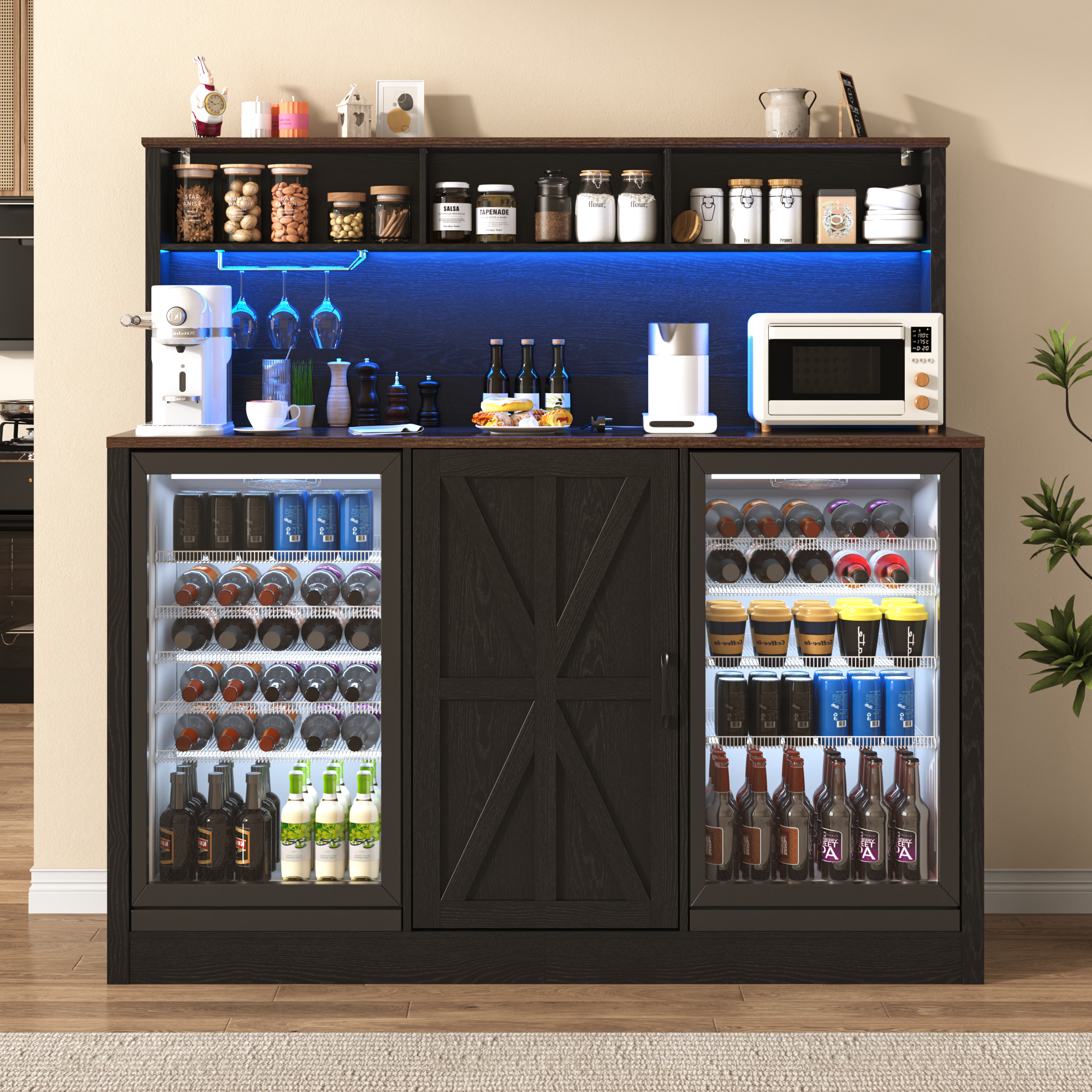 ANPOO 63"W Farmhouse Bar Cabinet w/ 2 Fridge Space, 58"H Coffee Bar Cabinet w/ Power Outlet, LED Light & Adjustable Shelves, Wine Bar Cabinet w/ Storage Hutch for Kitchen, Dining Room