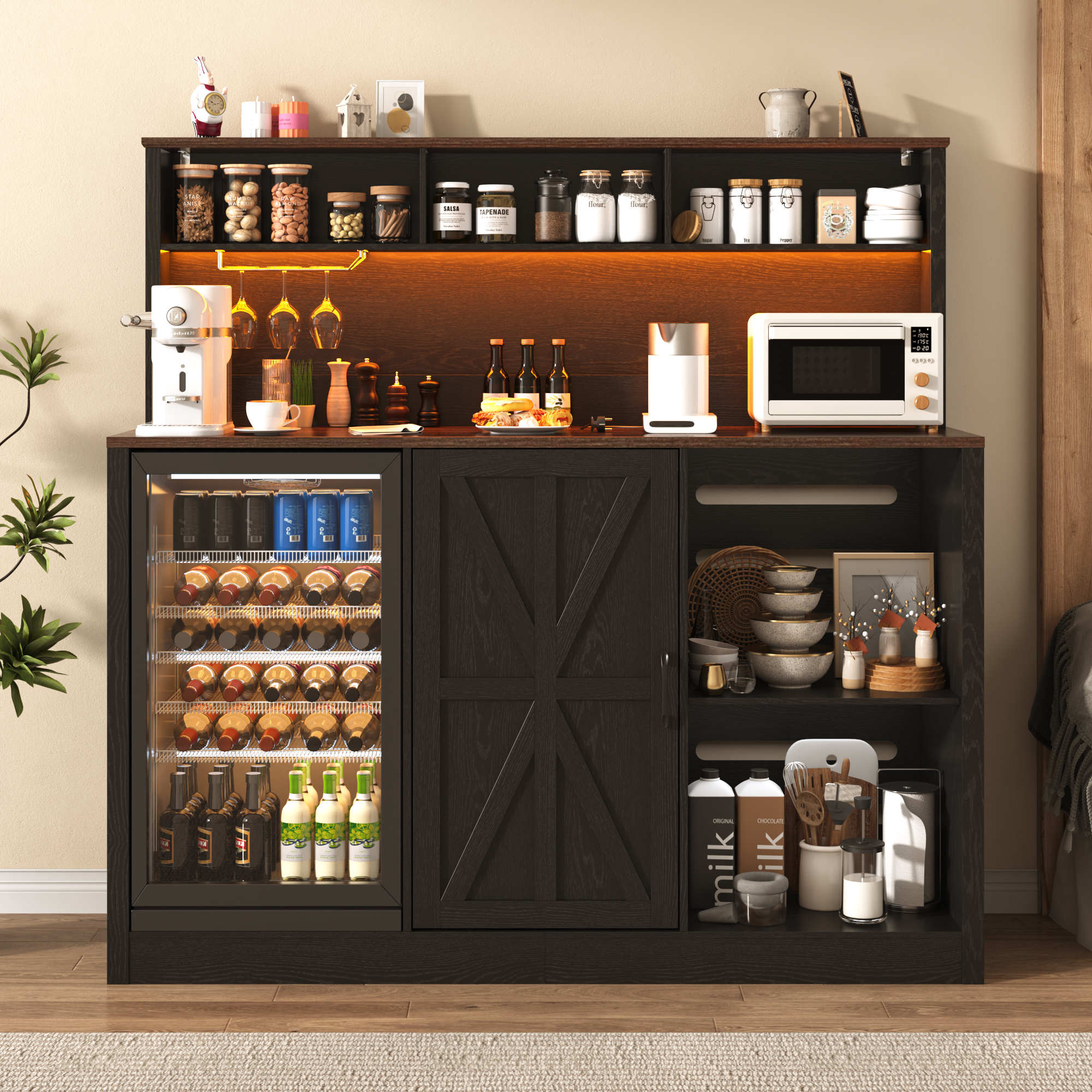 ANPOO 63"W Farmhouse Bar Cabinet w/ 2 Fridge Space, 58"H Coffee Bar Cabinet w/ Power Outlet, LED Light & Adjustable Shelves, Wine Bar Cabinet w/ Storage Hutch for Kitchen, Dining Room
