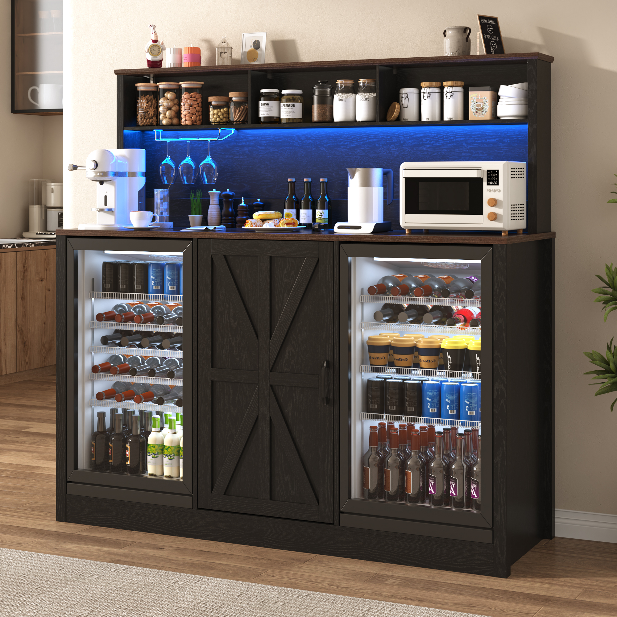 ANPOO 63"W Farmhouse Bar Cabinet w/ 2 Fridge Space, 58"H Coffee Bar Cabinet w/ Power Outlet, LED Light & Adjustable Shelves, Wine Bar Cabinet w/ Storage Hutch for Kitchen, Dining Room