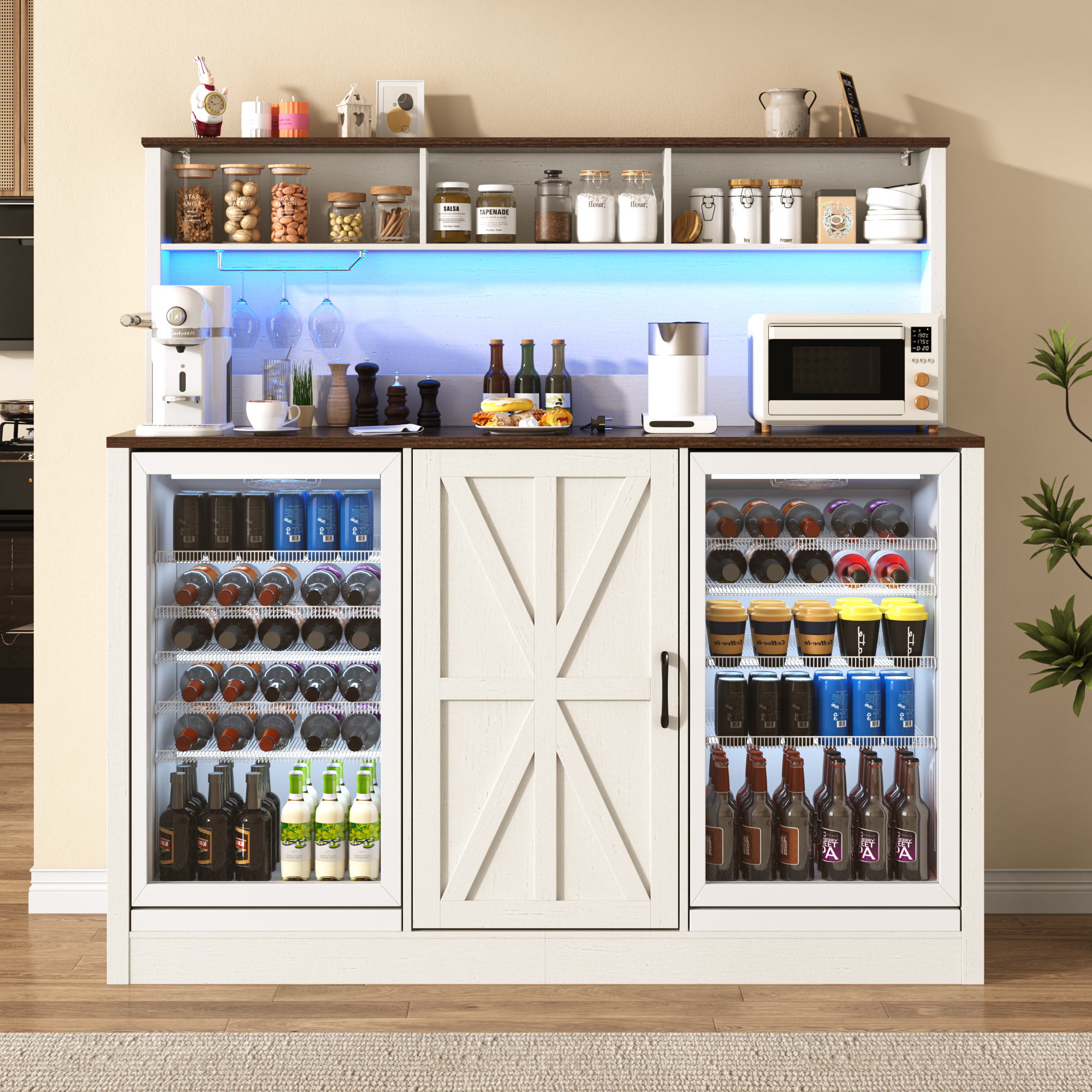 ANPOO 63"W Farmhouse Bar Cabinet w/ 2 Fridge Space, 58"H Coffee Bar Cabinet w/ Power Outlet, LED Light & Adjustable Shelves, Wine Bar Cabinet w/ Storage Hutch for Kitchen, Dining Room