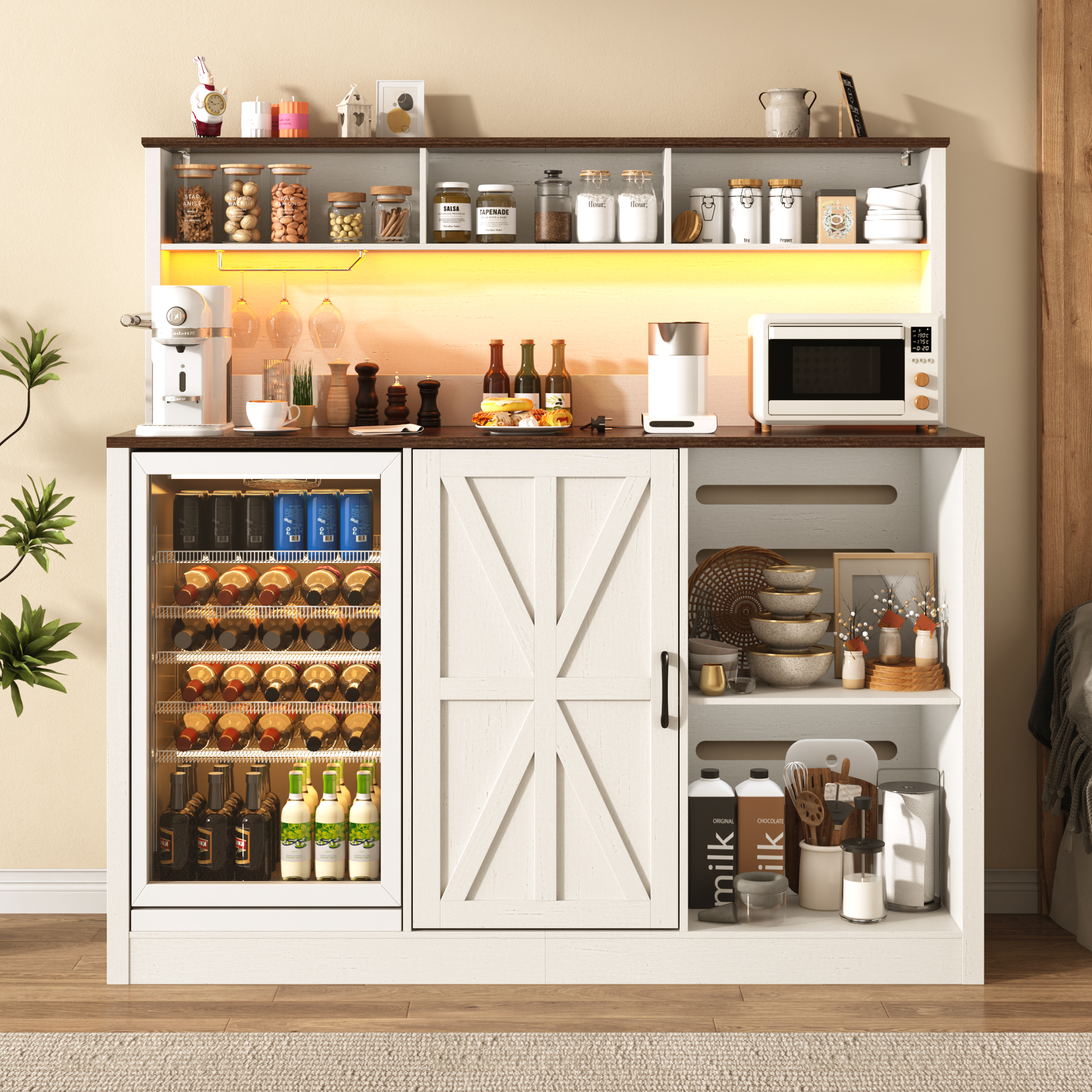 ANPOO 63"W Farmhouse Bar Cabinet w/ 2 Fridge Space, 58"H Coffee Bar Cabinet w/ Power Outlet, LED Light & Adjustable Shelves, Wine Bar Cabinet w/ Storage Hutch for Kitchen, Dining Room