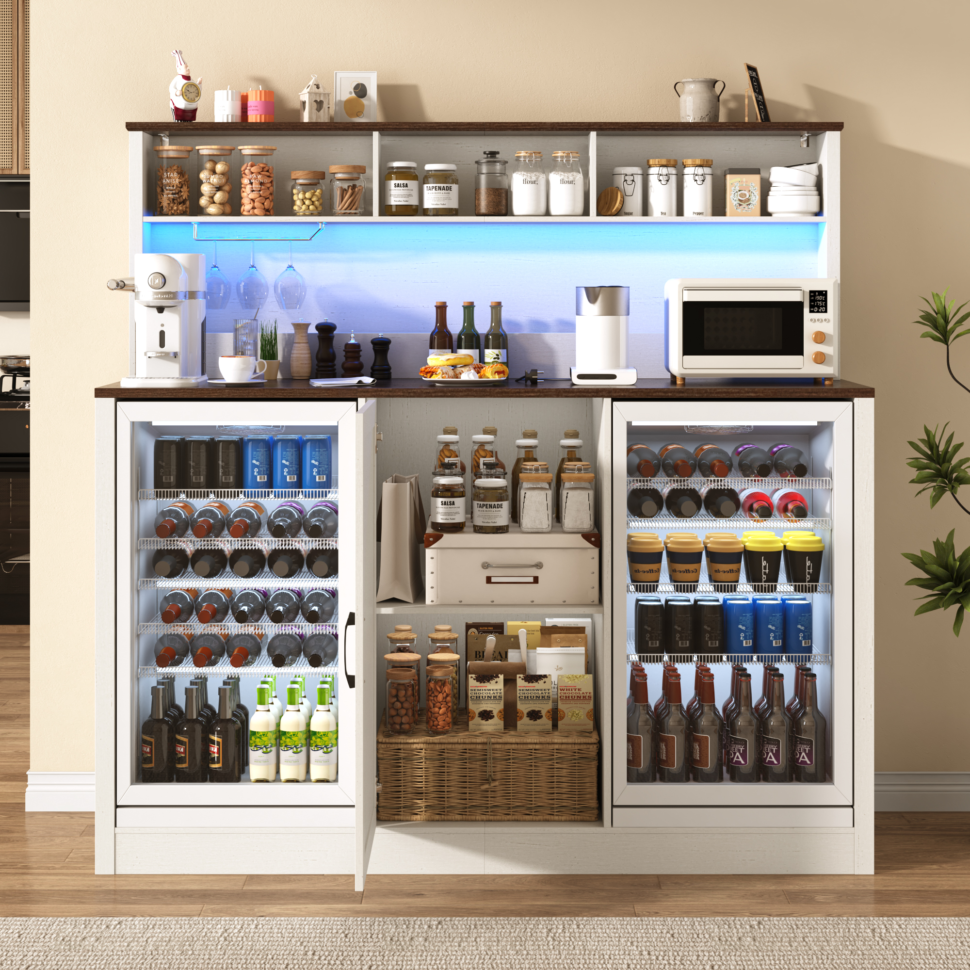 ANPOO 63"W Farmhouse Bar Cabinet w/ 2 Fridge Space, 58"H Coffee Bar Cabinet w/ Power Outlet, LED Light & Adjustable Shelves, Wine Bar Cabinet w/ Storage Hutch for Kitchen, Dining Room