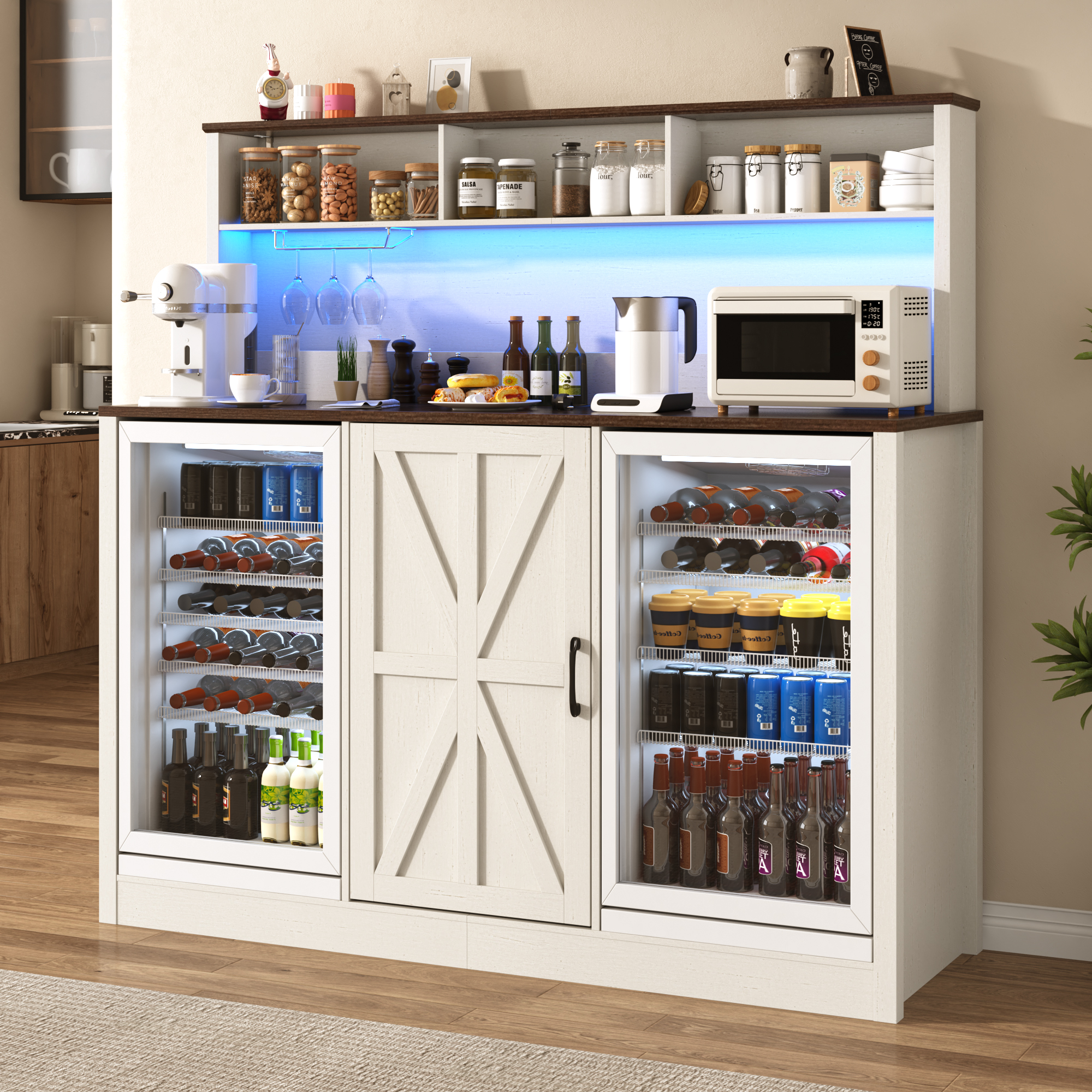ANPOO 63"W Farmhouse Bar Cabinet w/ 2 Fridge Space, 58"H Coffee Bar Cabinet w/ Power Outlet, LED Light & Adjustable Shelves, Wine Bar Cabinet w/ Storage Hutch for Kitchen, Dining Room