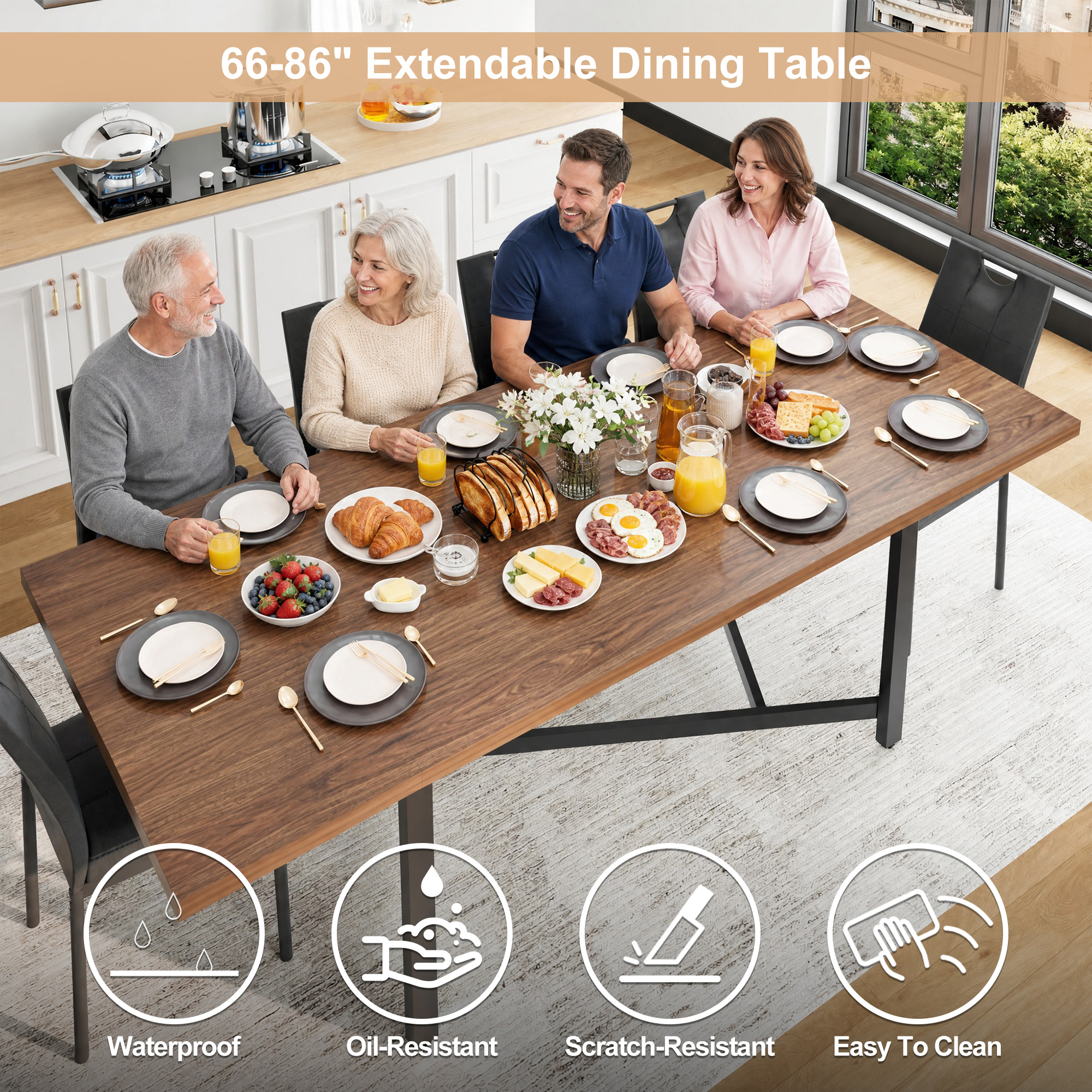 ANPOO Extendable Dining Table, 66‑86 Inch Rectangular Wood Dining Room Table for 4‑10 People, Waterproof Scratch‑Resistant Multi‑Purpose Dinner Table for Dining Room, Home Office