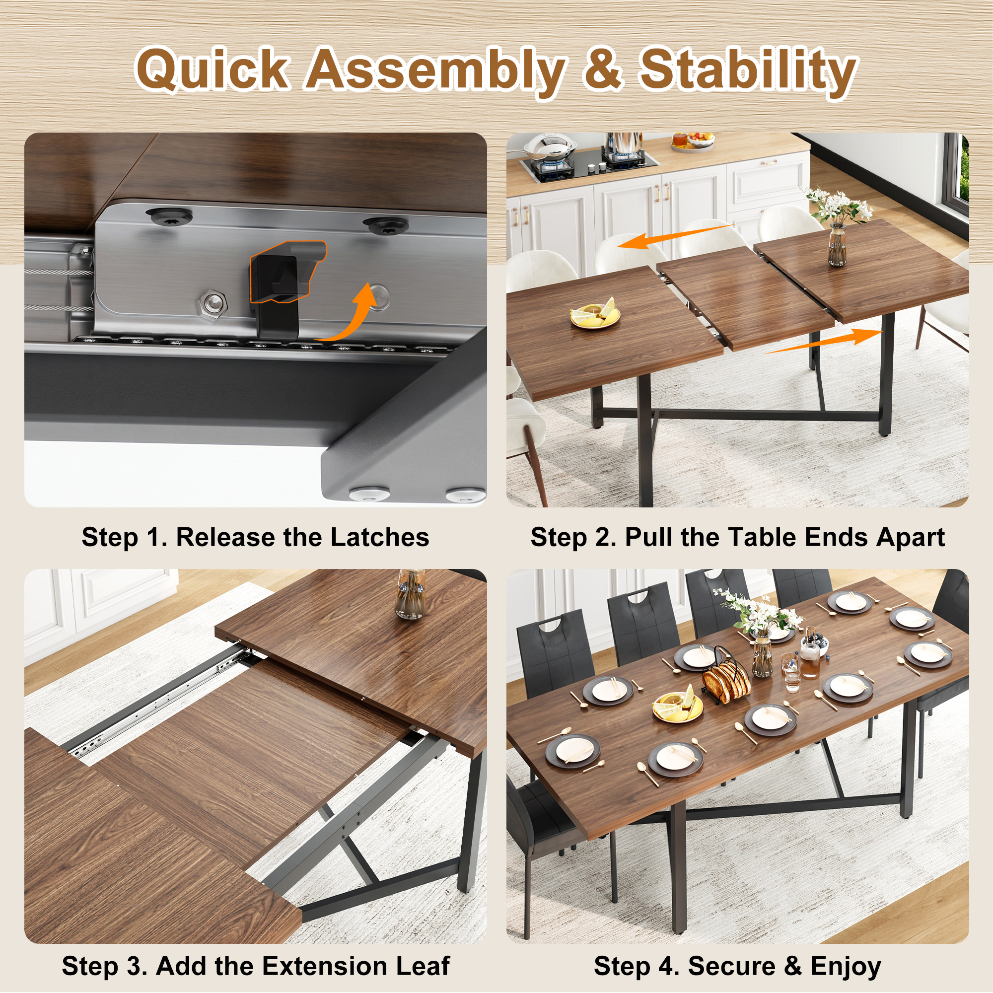 ANPOO Extendable Dining Table, 66‑86 Inch Rectangular Wood Dining Room Table for 4‑10 People, Waterproof Scratch‑Resistant Multi‑Purpose Dinner Table for Dining Room, Home Office
