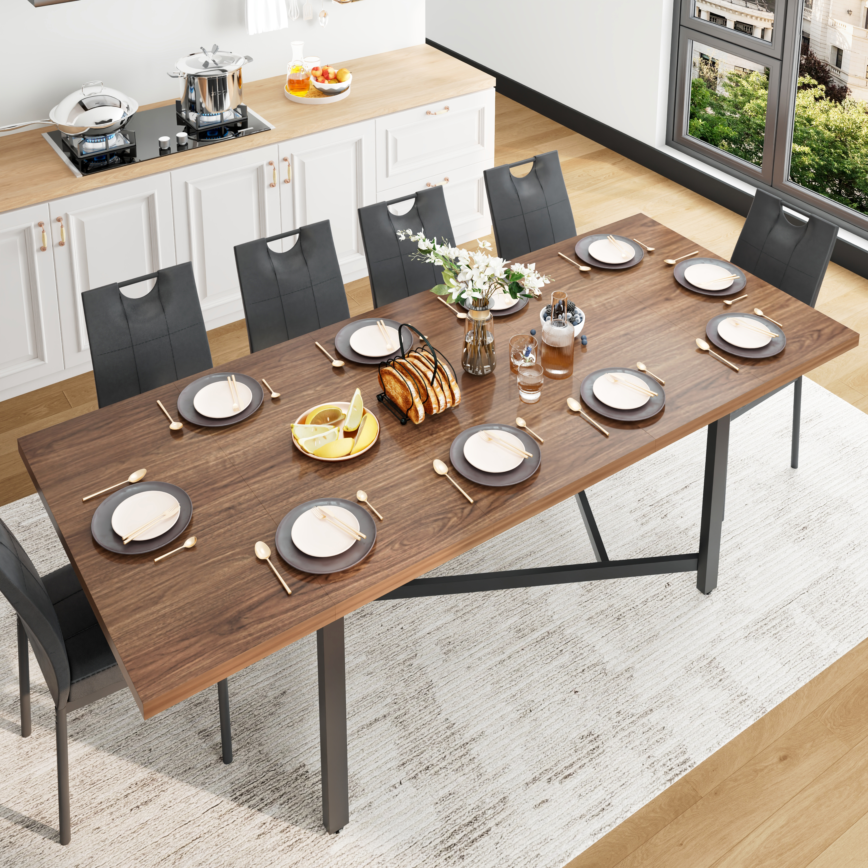 ANPOO Extendable Dining Table, 66‑86 Inch Rectangular Wood Dining Room Table for 4‑10 People, Waterproof Scratch‑Resistant Multi‑Purpose Dinner Table for Dining Room, Home Office