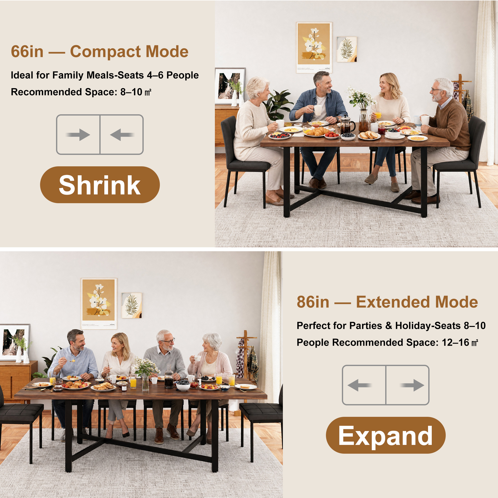ANPOO Extendable Dining Table, 66‑86 Inch Rectangular Wood Dining Room Table for 4‑10 People, Waterproof Scratch‑Resistant Multi‑Purpose Dinner Table for Dining Room, Home Office
