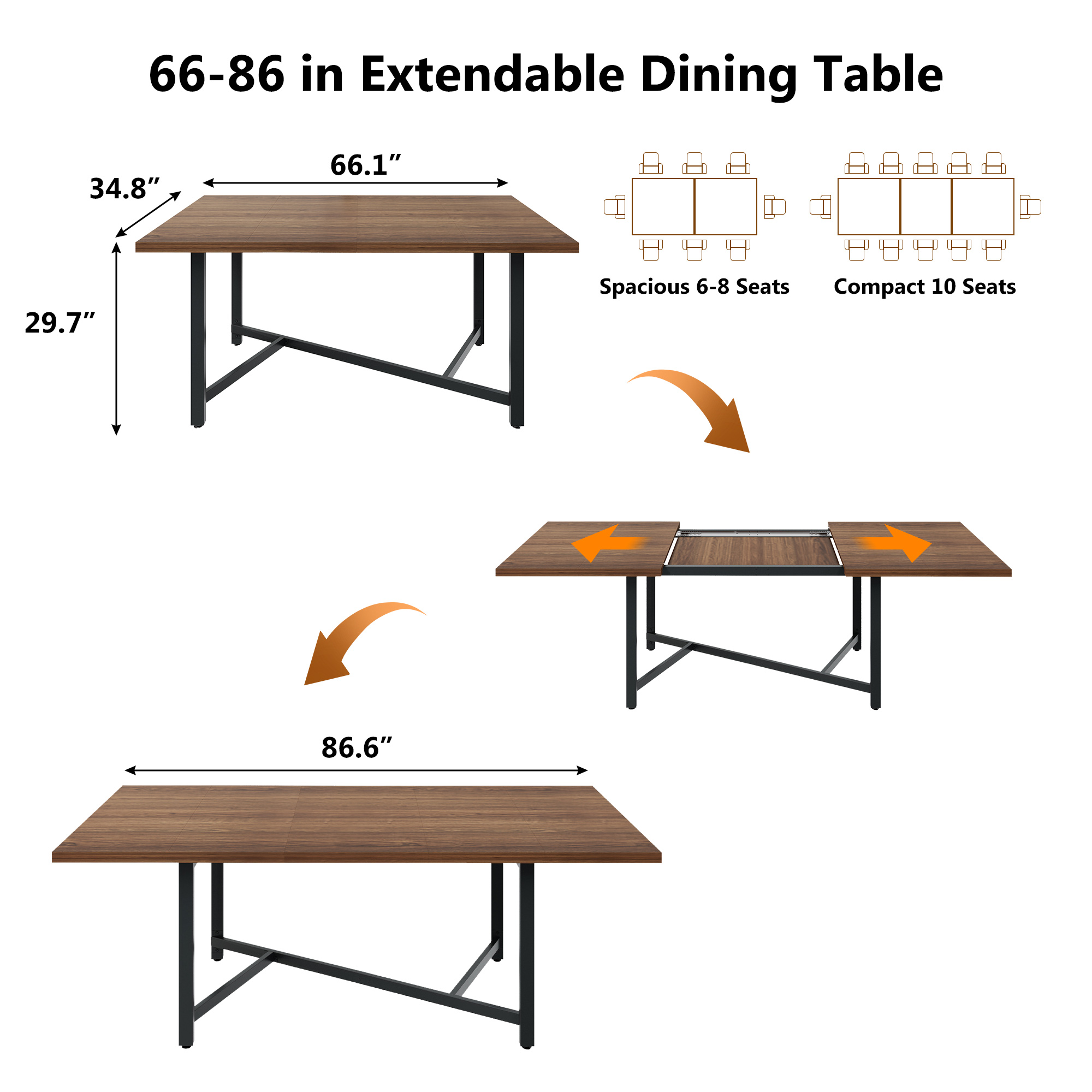 ANPOO Extendable Dining Table, 66‑86 Inch Rectangular Wood Dining Room Table for 4‑10 People, Waterproof Scratch‑Resistant Multi‑Purpose Dinner Table for Dining Room, Home Office