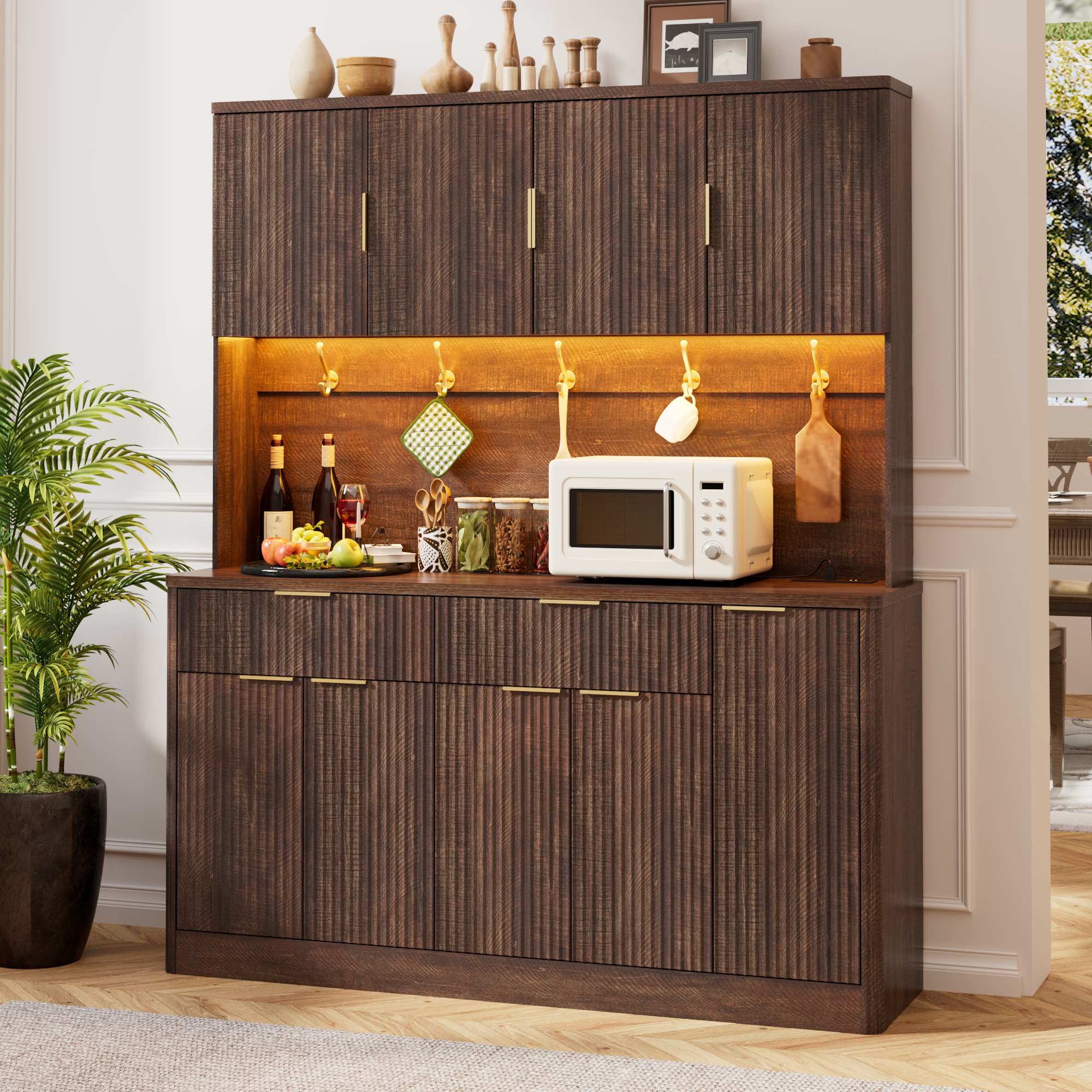 ANPOO 58.7 Inch Fluted Sideboard Buffet Cabinet with LED Light & Power Outlet, Tall Kitchen Storage Hutch with 2 Drawers & 8 Doors, Coffee Bar Cabinet for Dining Room