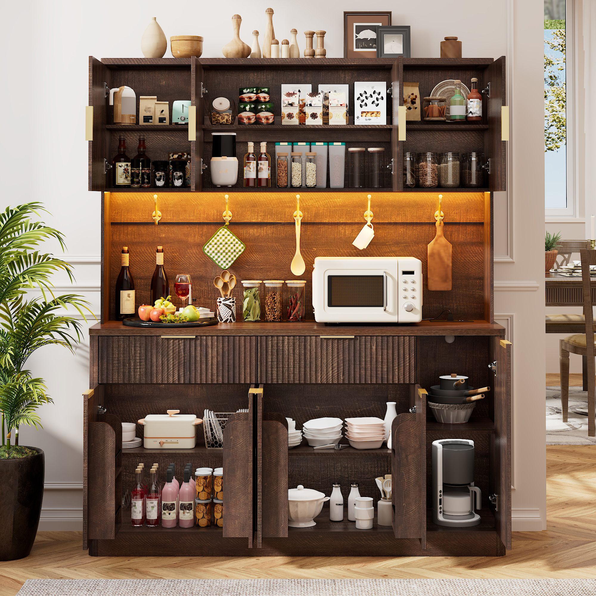 ANPOO 58.7 Inch Fluted Sideboard Buffet Cabinet with LED Light & Power Outlet, Tall Kitchen Storage Hutch with 2 Drawers & 8 Doors, Coffee Bar Cabinet for Dining Room