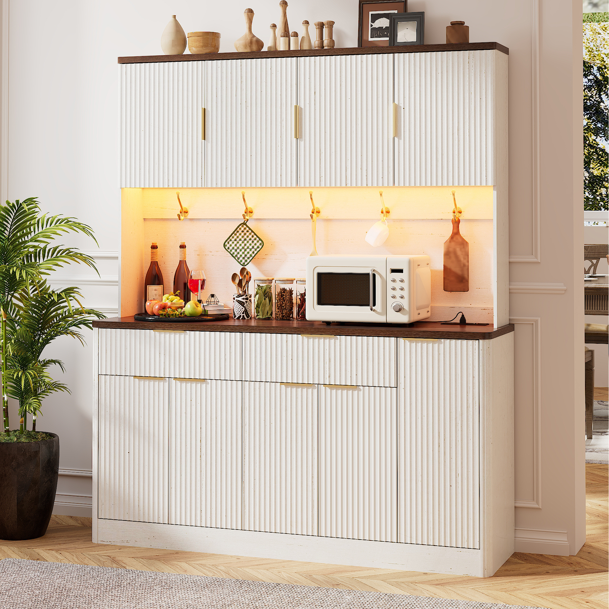 ANPOO 58.7 Inch Fluted Sideboard Buffet Cabinet with LED Light & Power Outlet, Tall Kitchen Storage Hutch with 2 Drawers & 8 Doors, Coffee Bar Cabinet for Dining Room