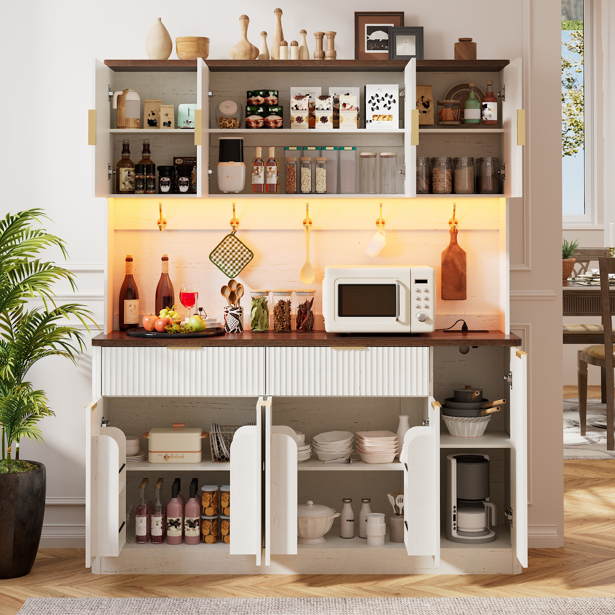 ANPOO 58.7 Inch Fluted Sideboard Buffet Cabinet with LED Light & Power Outlet, Tall Kitchen Storage Hutch with 2 Drawers & 8 Doors, Coffee Bar Cabinet for Dining Room