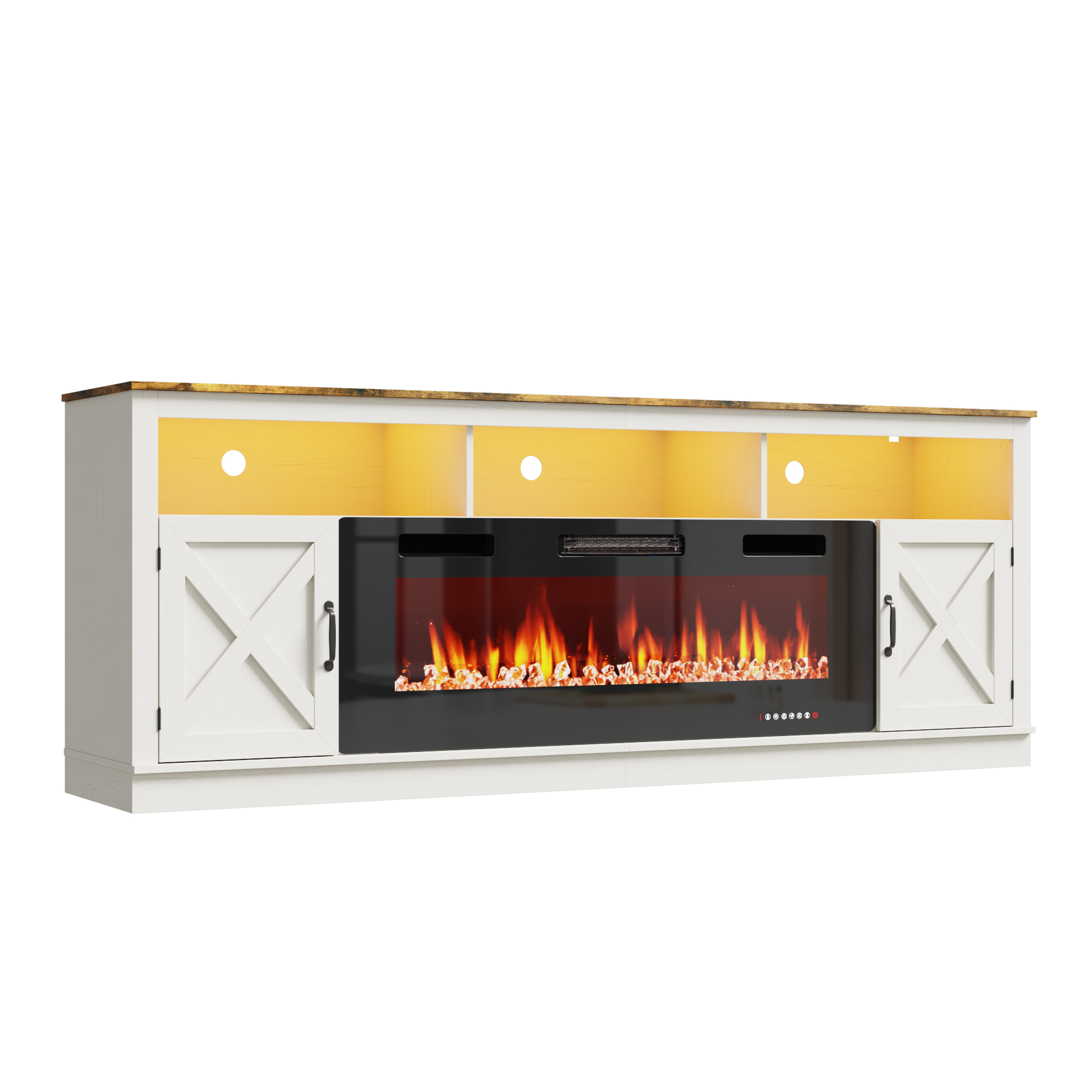 Fireplace TV Stand for 80/85/90 Inch TV with 50" Electric Fireplace, 82.7" Farmhouse Entertainment Center with LED Lights, Tall Media Console with Barn Door for Living Room, Bedroom