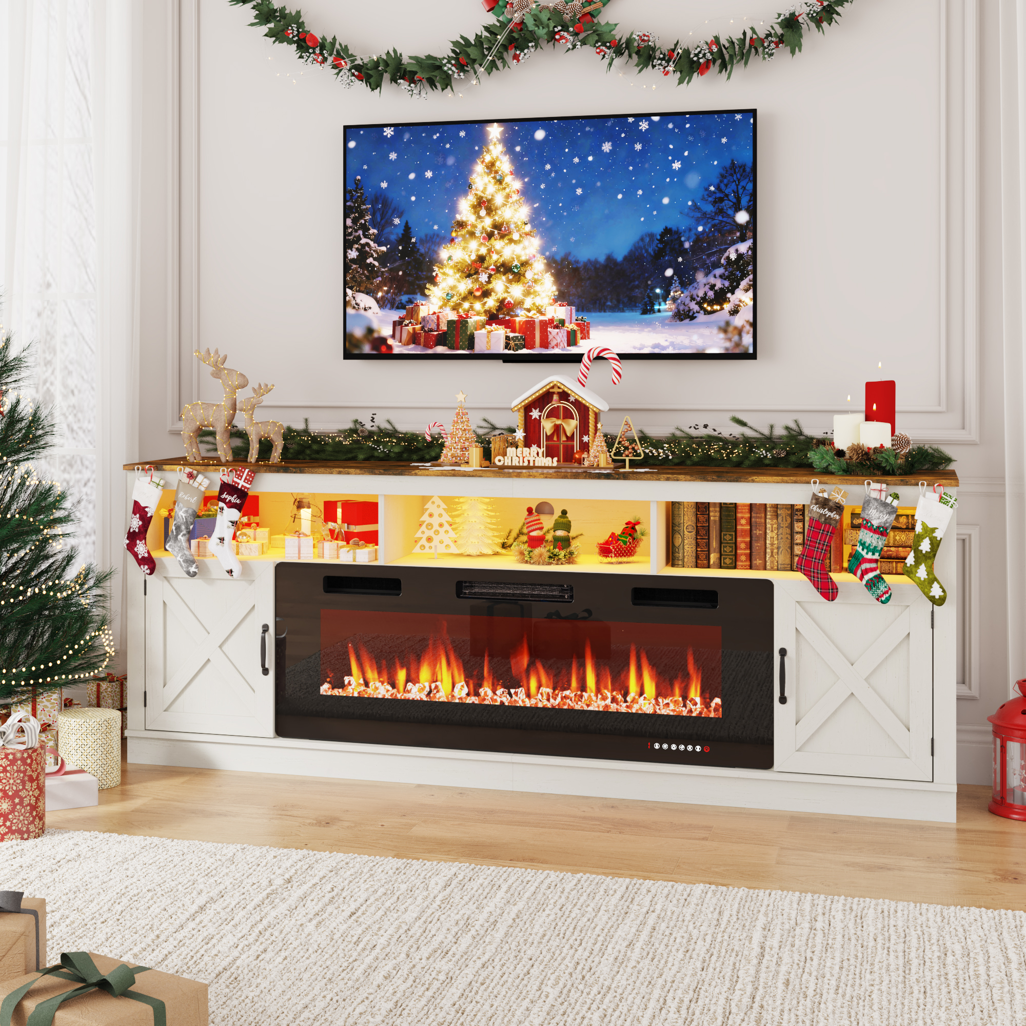 Fireplace TV Stand for 80/85/90 Inch TV with 50" Electric Fireplace, 82.7" Farmhouse Entertainment Center with LED Lights, Tall Media Console with Barn Door for Living Room, Bedroom