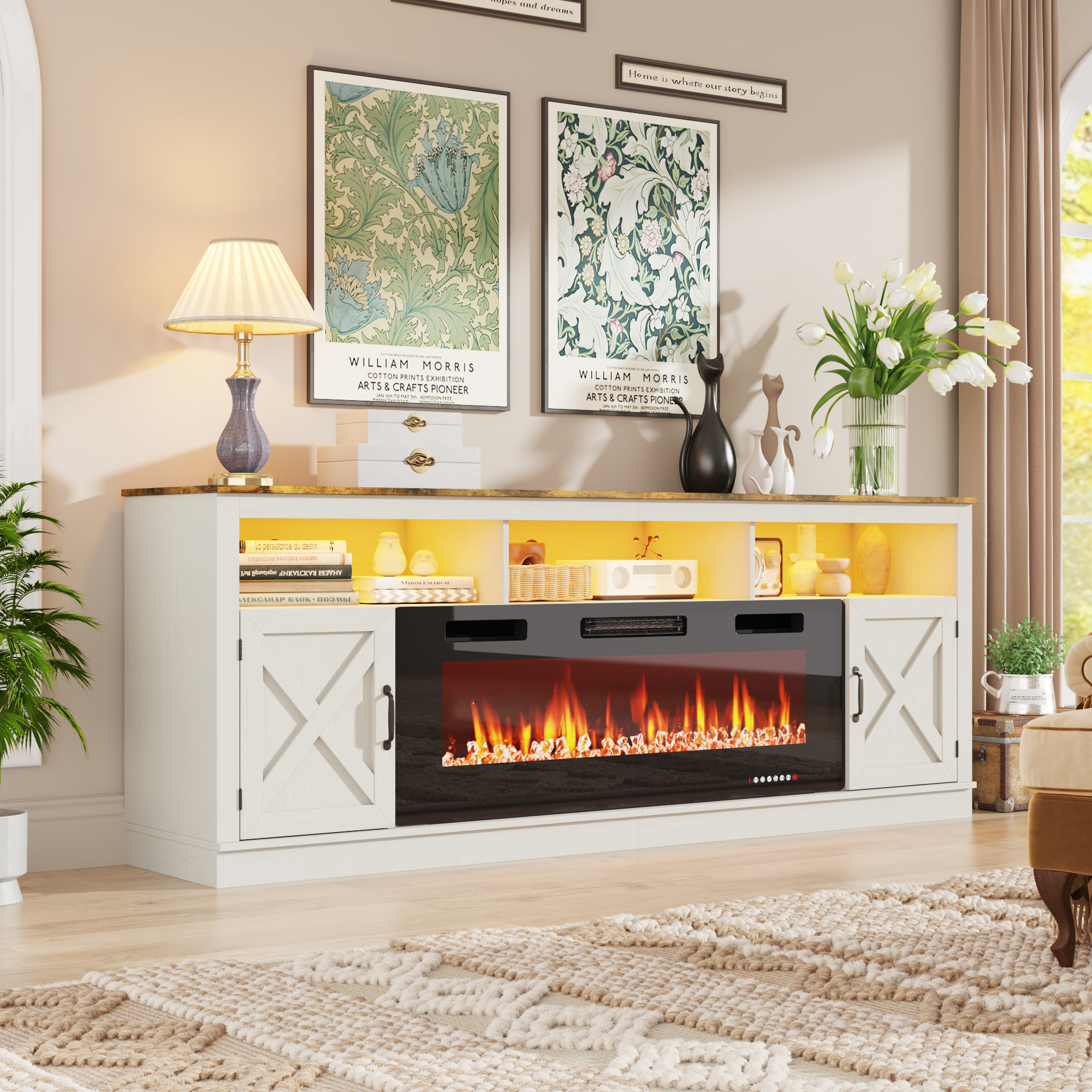 Fireplace TV Stand for 80/85/90 Inch TV with 50" Electric Fireplace, 82.7" Farmhouse Entertainment Center with LED Lights, Tall Media Console with Barn Door for Living Room, Bedroom
