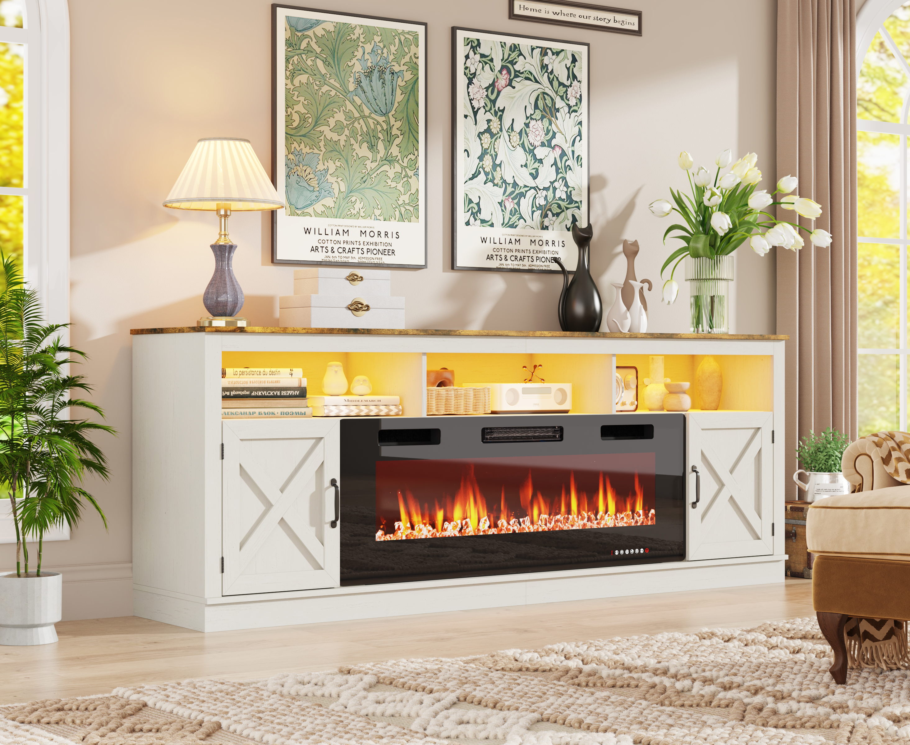 Fireplace TV Stand for 80/85/90 Inch TV with 50" Electric Fireplace, 82.7" Farmhouse Entertainment Center with LED Lights, Tall Media Console with Barn Door for Living Room, Bedroom