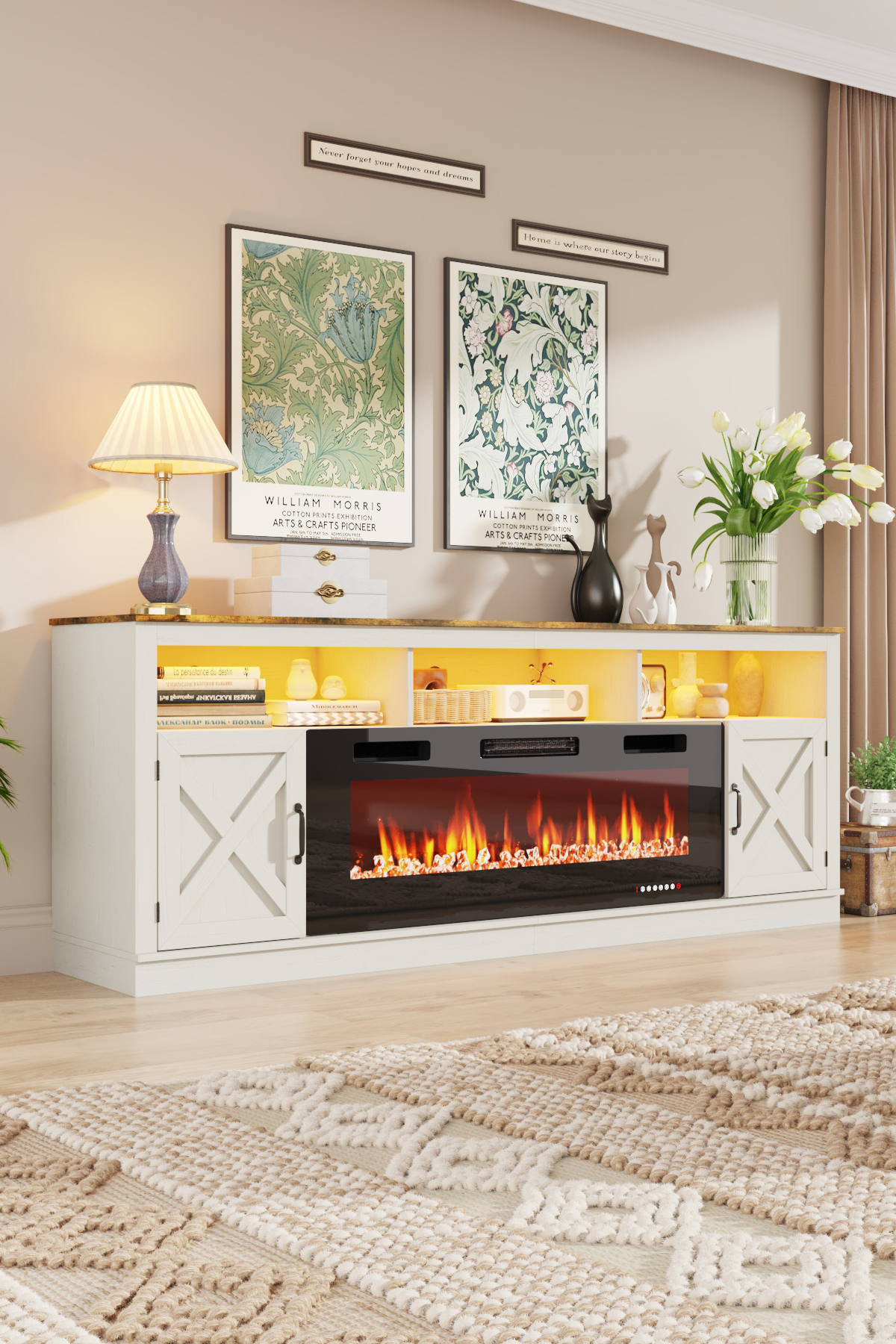 Fireplace TV Stand for 80/85/90 Inch TV with 50" Electric Fireplace, 82.7" Farmhouse Entertainment Center with LED Lights, Tall Media Console with Barn Door for Living Room, Bedroom