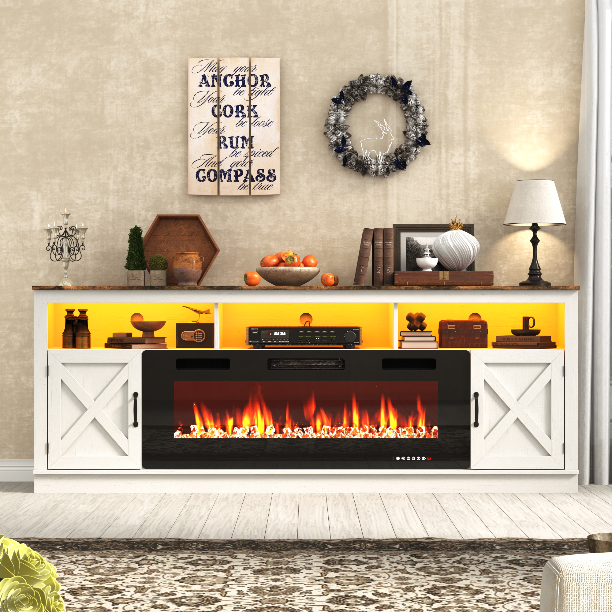 Fireplace TV Stand for 80/85/90 Inch TV with 50" Electric Fireplace, 82.7" Farmhouse Entertainment Center with LED Lights, Tall Media Console with Barn Door for Living Room, Bedroom