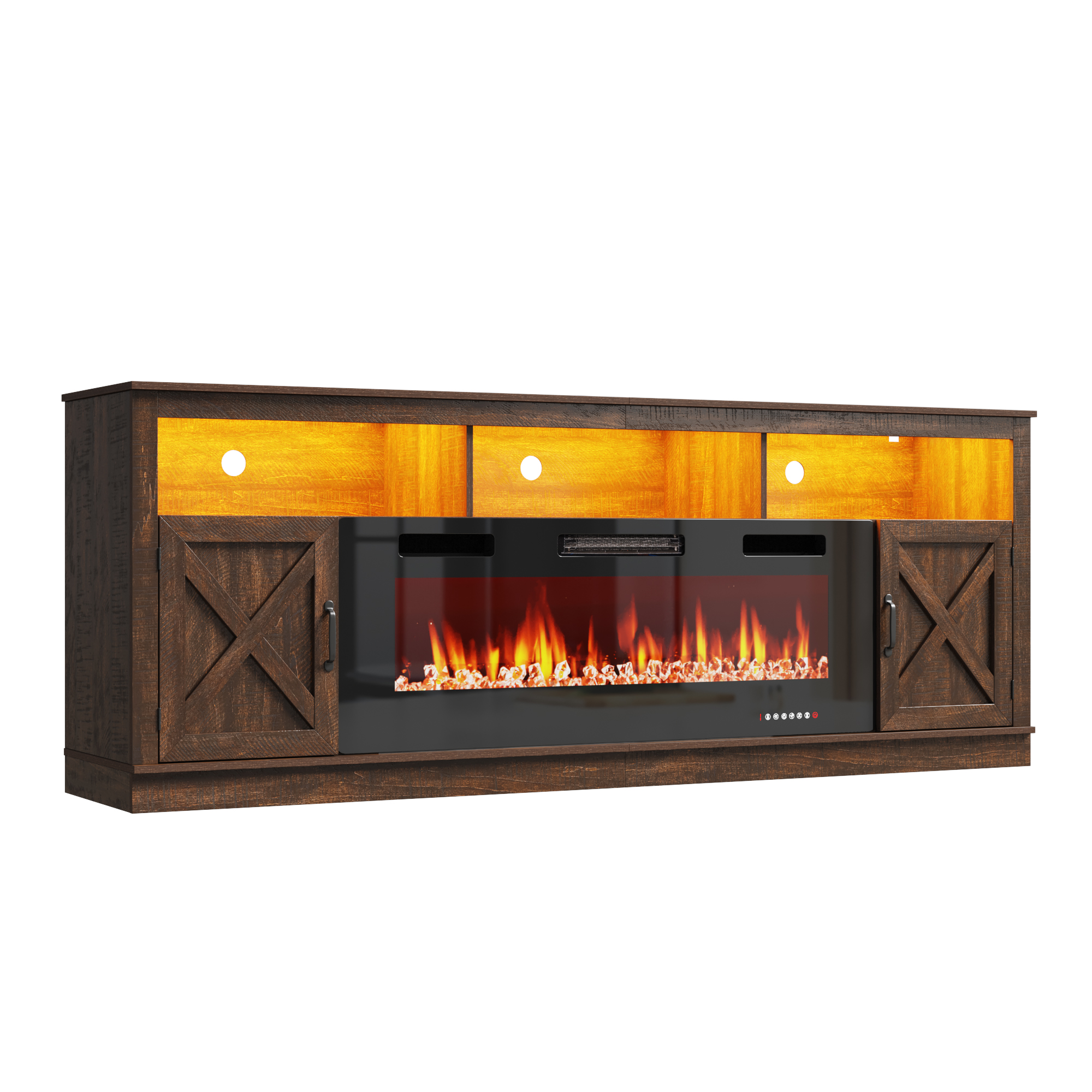 Fireplace TV Stand for 80/85/90 Inch TV with 50" Electric Fireplace, 82.7" Farmhouse Entertainment Center with LED Lights, Tall Media Console with Barn Door for Living Room, Bedroom