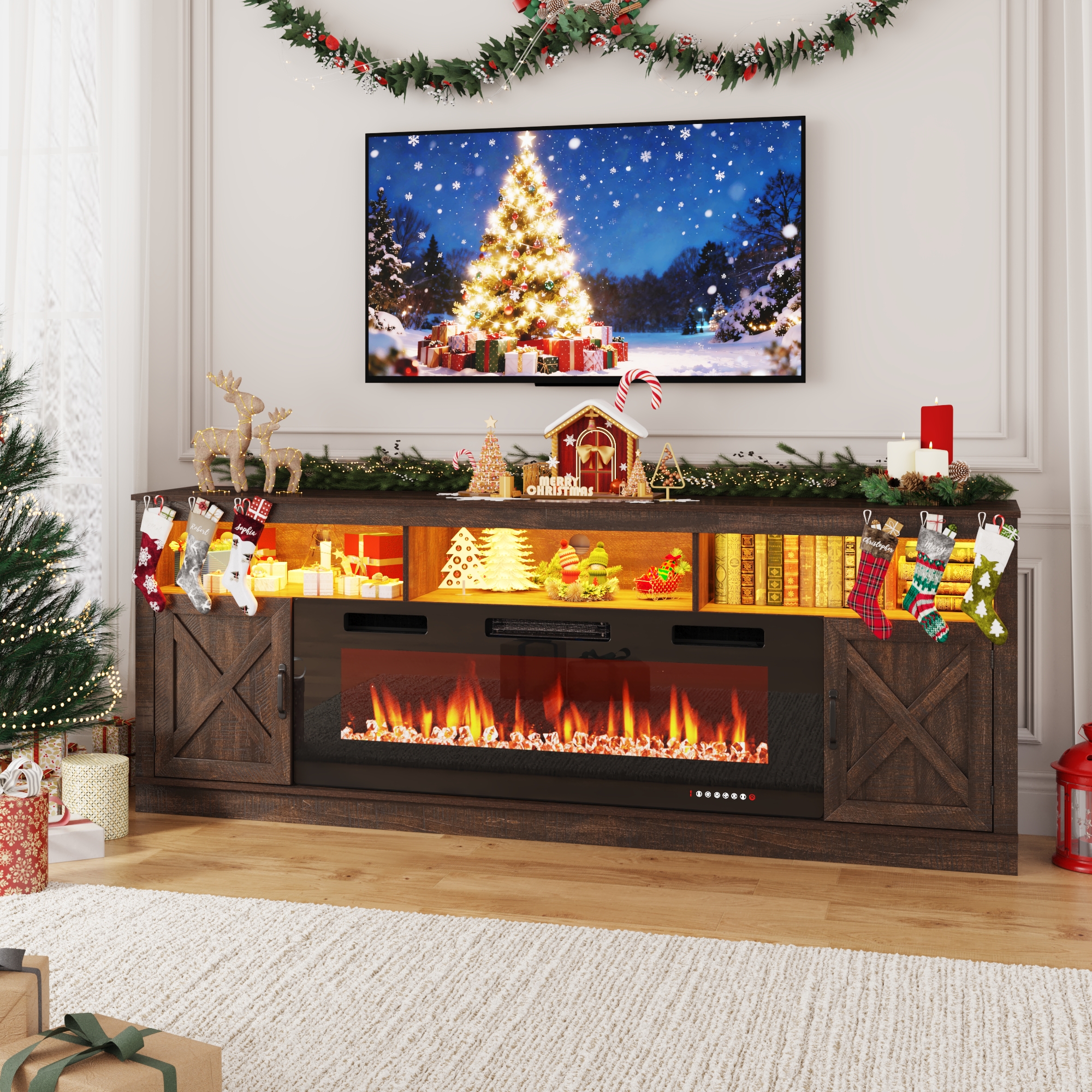 Fireplace TV Stand for 80/85/90 Inch TV with 50" Electric Fireplace, 82.7" Farmhouse Entertainment Center with LED Lights, Tall Media Console with Barn Door for Living Room, Bedroom