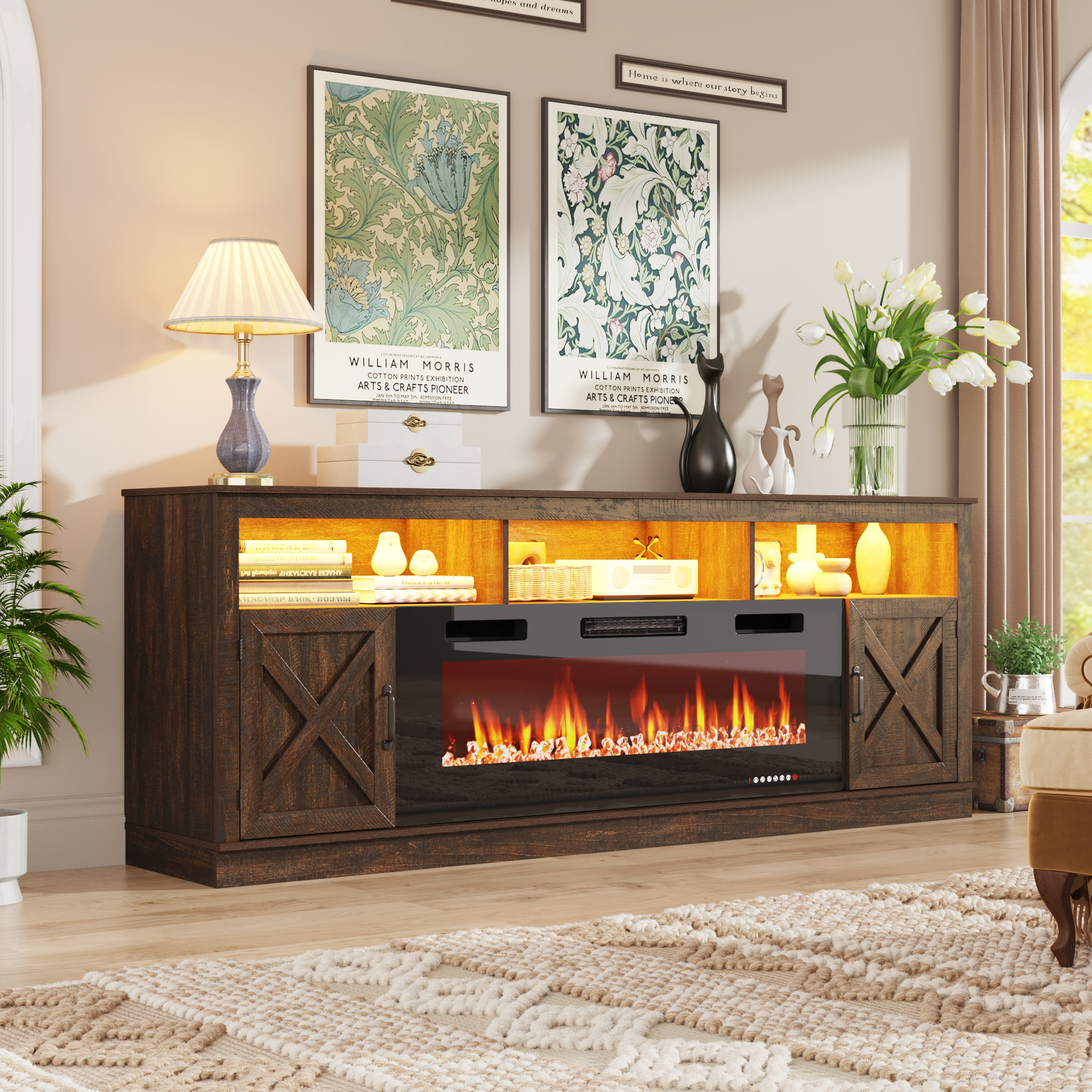 Fireplace TV Stand for 80/85/90 Inch TV with 50" Electric Fireplace, 82.7" Farmhouse Entertainment Center with LED Lights, Tall Media Console with Barn Door for Living Room, Bedroom